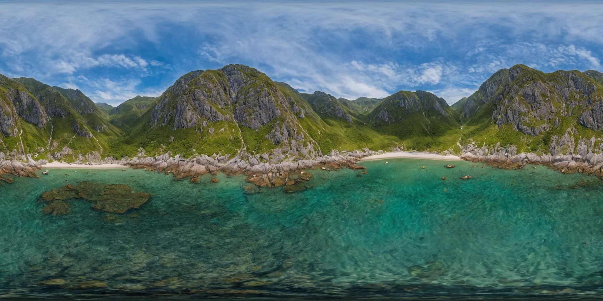 <lora:HMSGèªæå
¨æ¯XL:1>,360panorama,An aerial view of rocks protruding from the sea,creating a mesmerizing pattern on the ocean's canvas. The rocks,emerging like giants from the depths,break the monotonous blue with their rugged,weather-beaten surfaces. Around them,the water swirls in various shades of blue and green,indicating currents and the whisper of marine life beneath. The contrast between the steadfast rocks and the fluid,ever-changing sea paints a picture of resilience and beauty,a testament to the enduring power of nature.,<lora:å
å½±XL:1>,