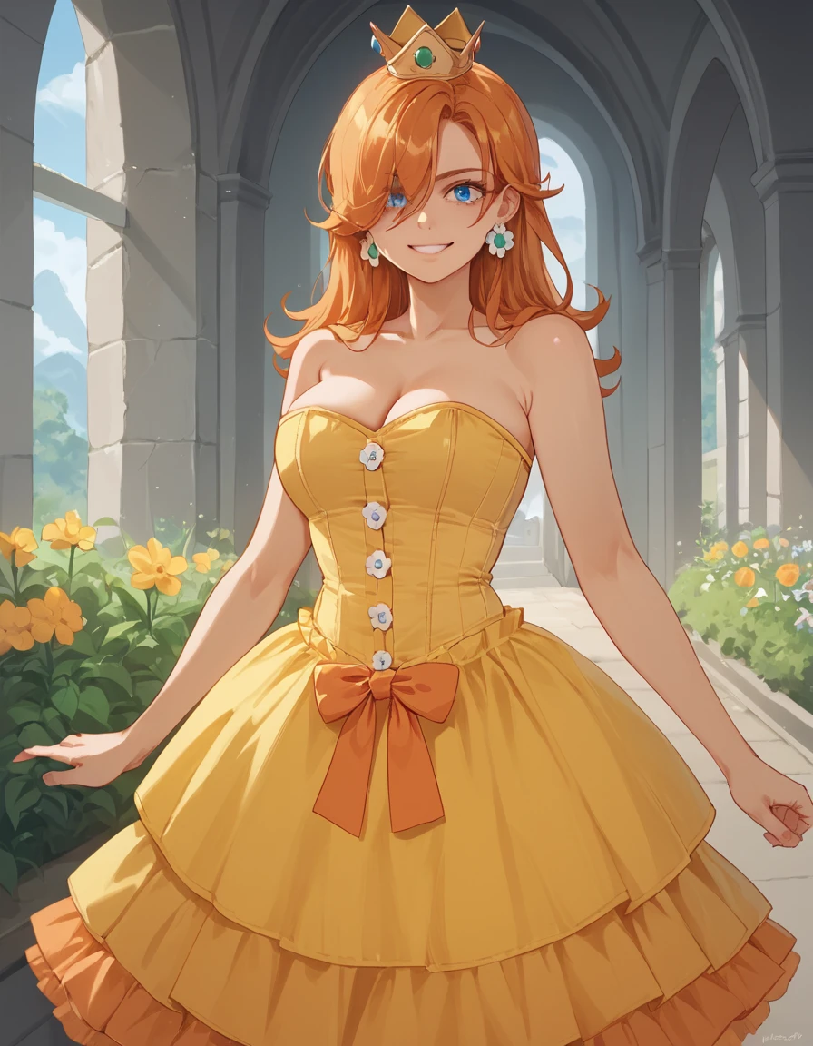 score_9, score_8_up, score_7_up, score_6_up, score_5_up, score_4_up, source_anime,  1girl, solo, hair over one eye, orange hair, hud_crst_prncss_drss, yellow short dress, corset, flower buttons, bare shoulders, orange frills, crown, daisy earrings, <lora:princess_daisy-000008:0.7>, light smile, blue eyes, saggy large breasts, castle, garden meadow