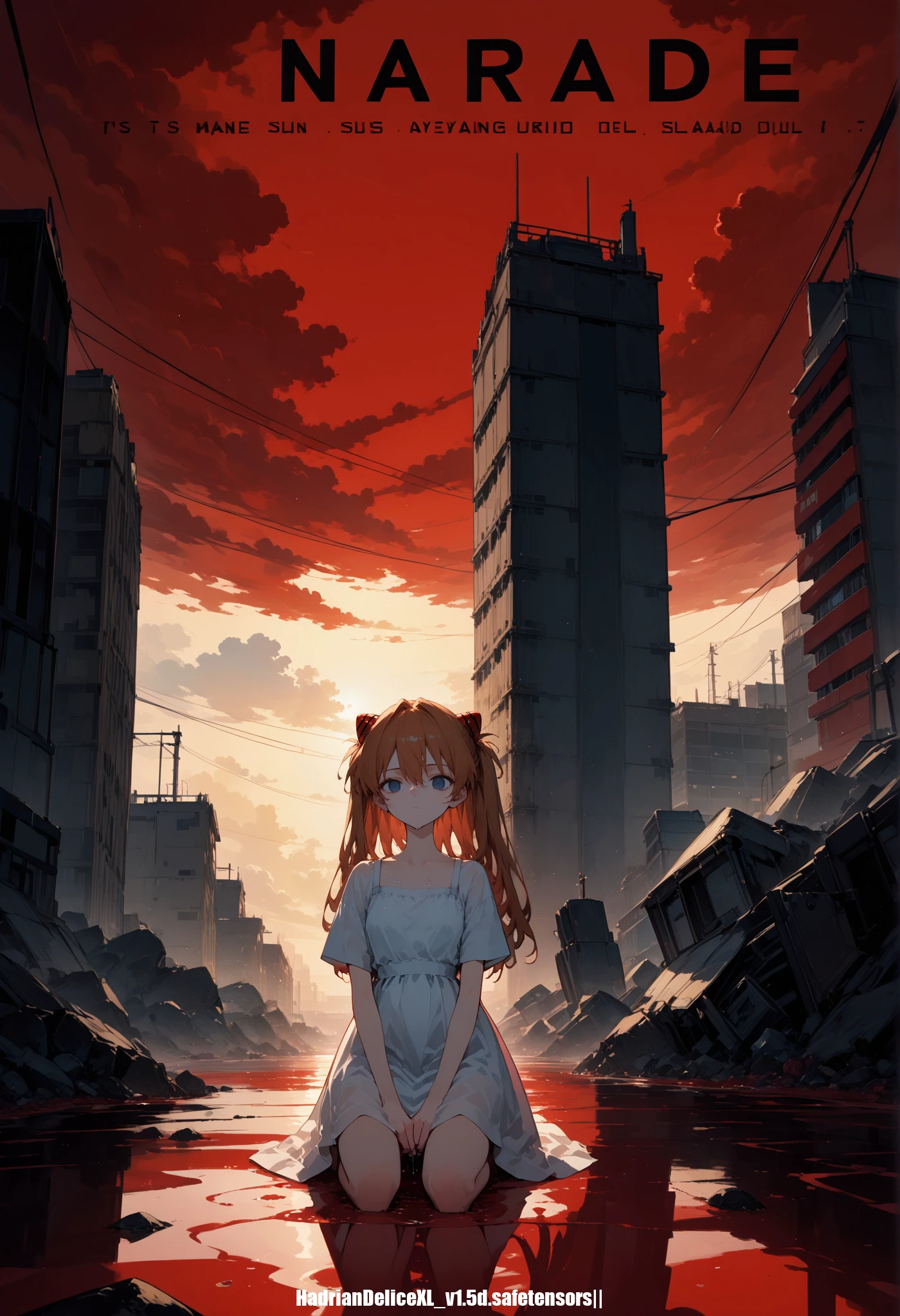(score_10,score_9_up,score_8_up), very strong contrast, dramatic Lighting,very high detailed,very gorgeous and complicated background,8k,4k,highres,hadrian, panorama,post-apocalypse,science fiction,sidelighting,straight-on portrait,souryuu asuka langley,red sky,(red background:0.9),black cloud,(destroyed building:1.1), vignetting, red shadow,magazine cover,white dress,wet,kneeling on liquid, red water,slender face,exhausted, expressionless,neon genesis evangelion,nerv,empty eyes, shaded face, closed mouth,