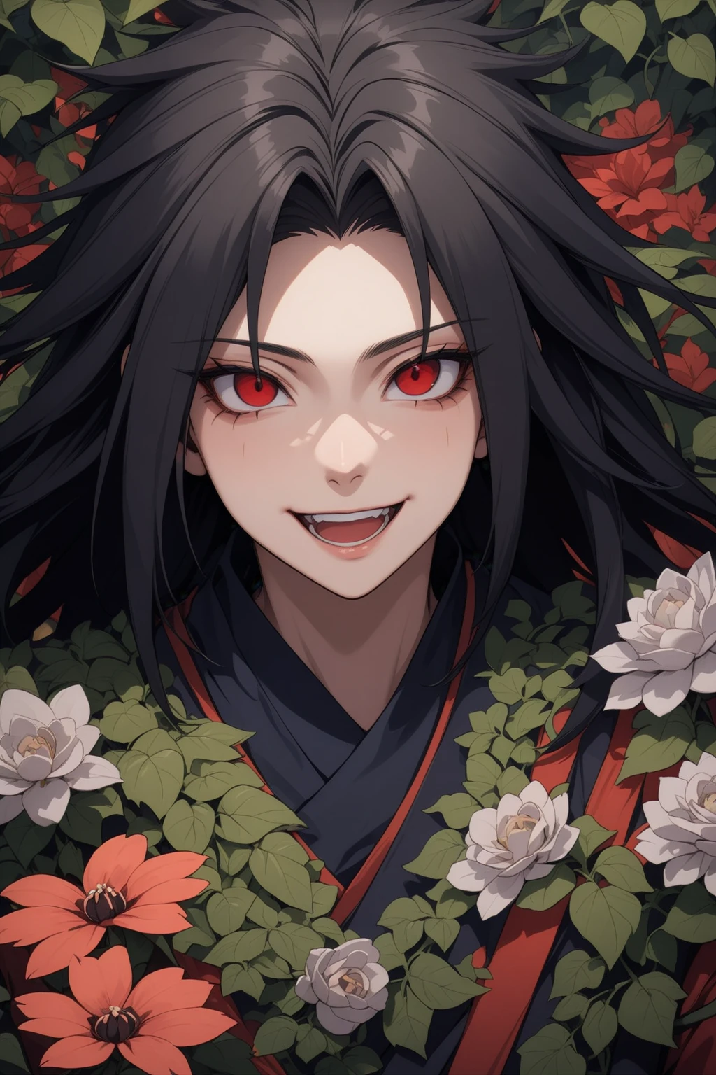 uchiha madara, beautiful smile, open mouth, abstract, flowers, leaves, vines, masterpiece, best quality, very aesthetic, absurdres, newest, intricate details, ai generated, intricate