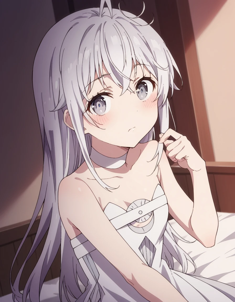 score_9, score_8_up, score_7_up, source_anime,
hibikihigoromo, <lora:hibiki-higoromo-movie-ponyxl-lora-nochekaiser:1>,
hibiki higoromo, long hair, bangs, white hair, grey eyes, ahoge,
dress, bare shoulders, choker, white dress, strapless, strapless dress,
indoors, bed, bed room, on side, blush, drunk,
solo, dutch angle, looking at viewer, cowboy shot,
