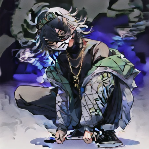 virtual youtuber, pants, sunglasses, squatting, black hair, multiple rings, yellow eyes, cigarette, 1boy, male focus, smile, shoes