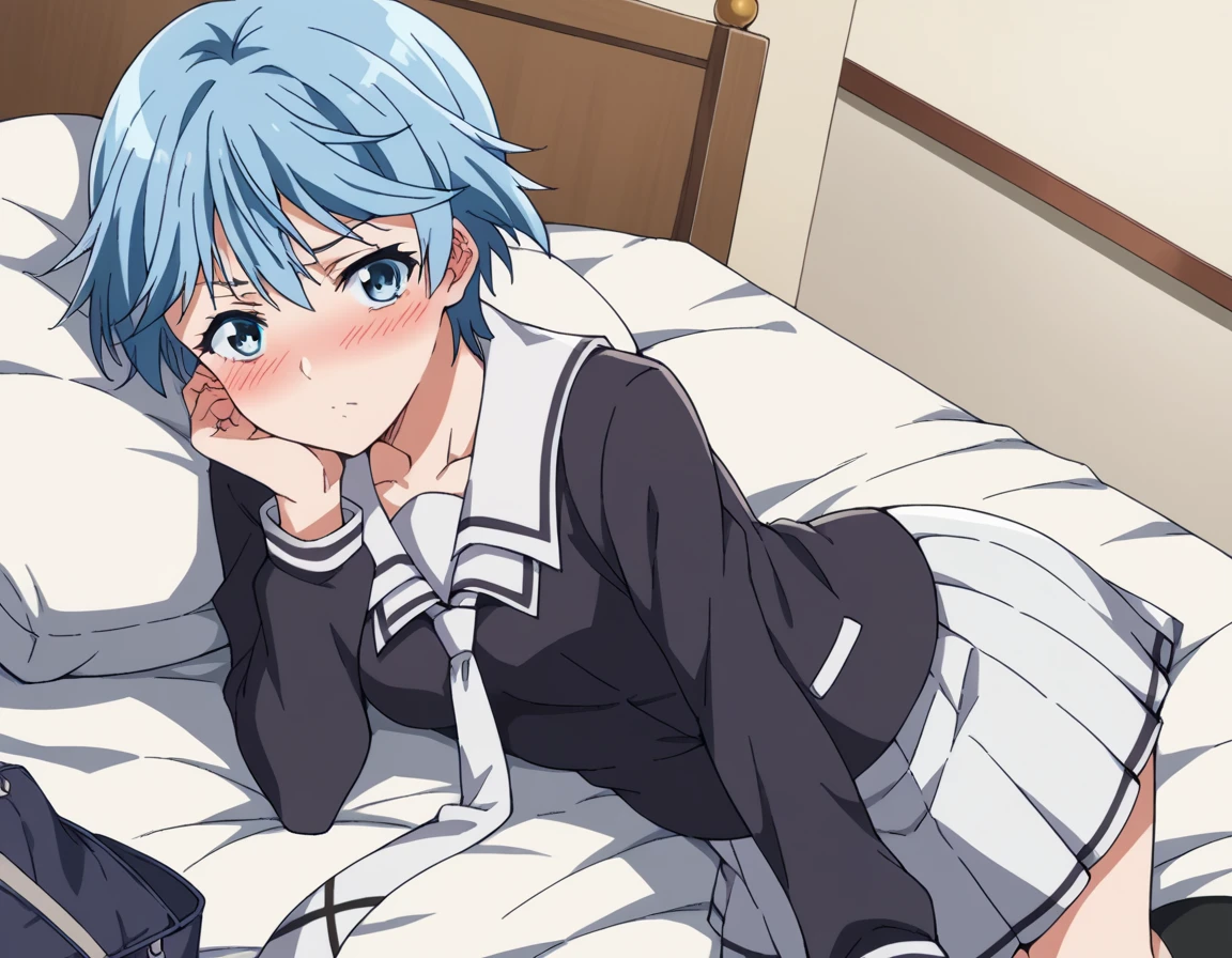 score_9, score_8_up, score_7_up, source_anime,
fuukaakitsuki, <lora:fuuka-akitsuki-s1-ponyxl-lora-nochekaiser:1>,
fuuka akitsuki, short hair, blue eyes, blue hair,
skirt, school uniform, necktie, serafuku, socks, kneehighs, skirt, white skirt, pleated skirt, black shirt,
indoors, bed, bed room, on side, blush, drunk,
solo, dutch angle, looking at viewer, cowboy shot,