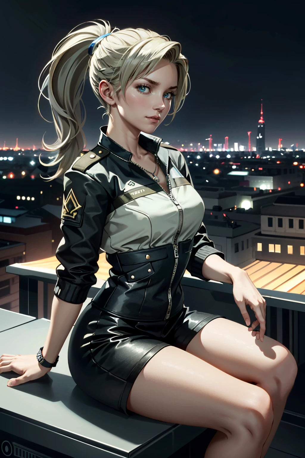 ((ultra detailed, masterpiece, absurdres))
 <lora:MKSonya:0.8>
MKSonya, 1girl, ponytail, long hair, blonde hair, looking at viewer, overlooking the city from a rooftop bar at night, chic outfit, sitting