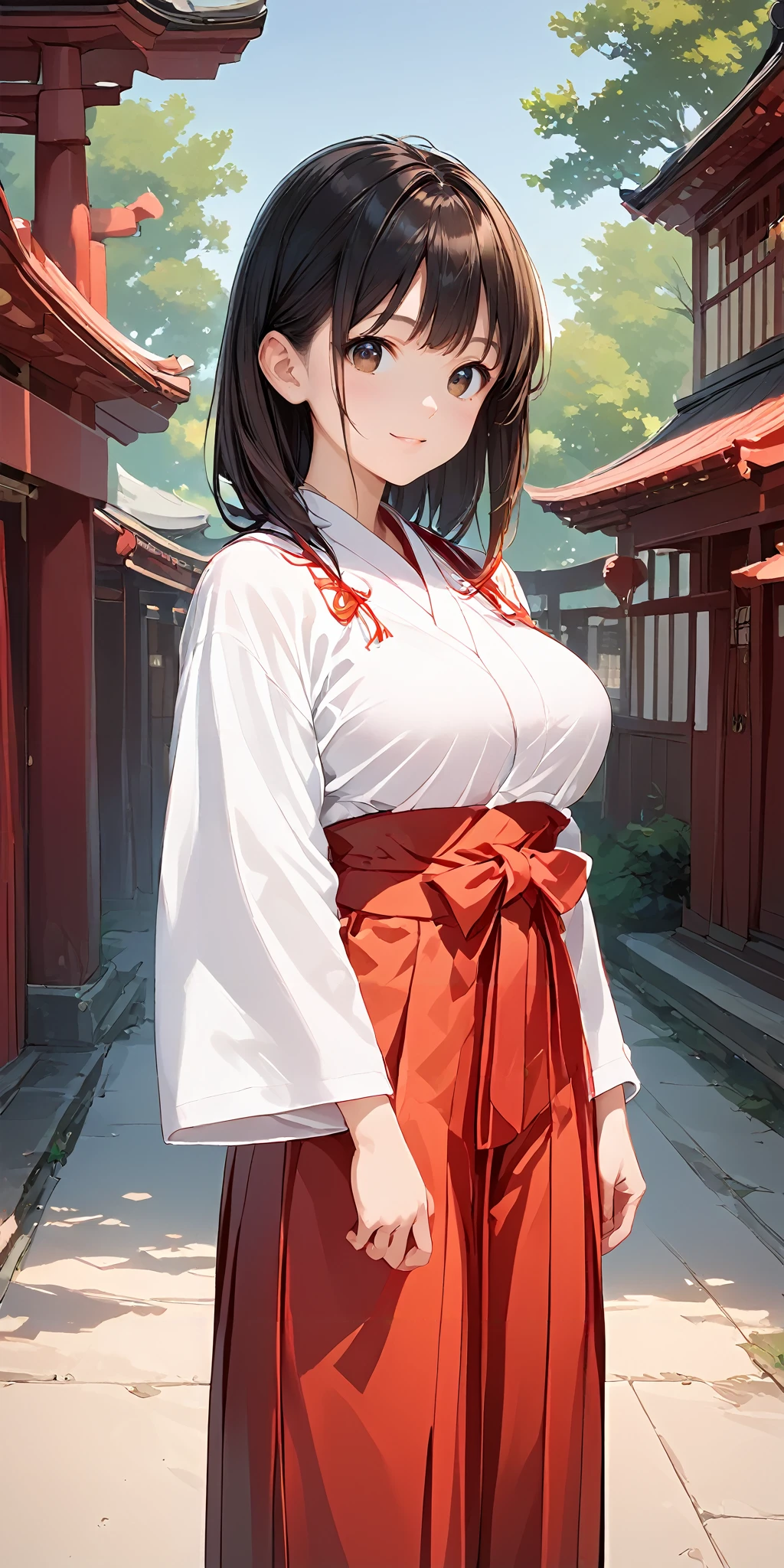 score_9, score_8_up, score_7_up,source_anime, high res image,masterpiece,best quality,girl,cowboy shot,cute face,simple background,<lora:miko_Pony_V1.0:1.1> jyojifuku, miko,red hakama <lora:lkp_Pony_V1.0:1> lkp, breasts