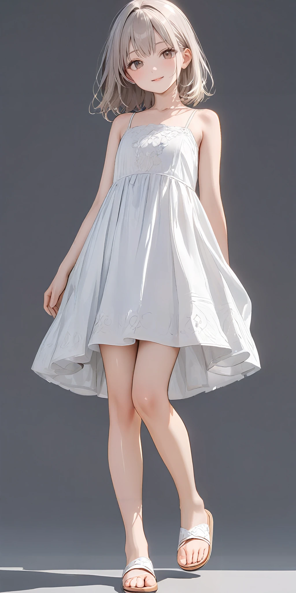 masterpiece,ultra-detailed,best quality,8K,illustration,cute face,clean skin ,shiny hair,girl,simple background
<lora:add-detail-xl:1> <lora:camisole dress_XL_V1.0:0.8>jyoji fuku, dress,bare shoulders,sandals