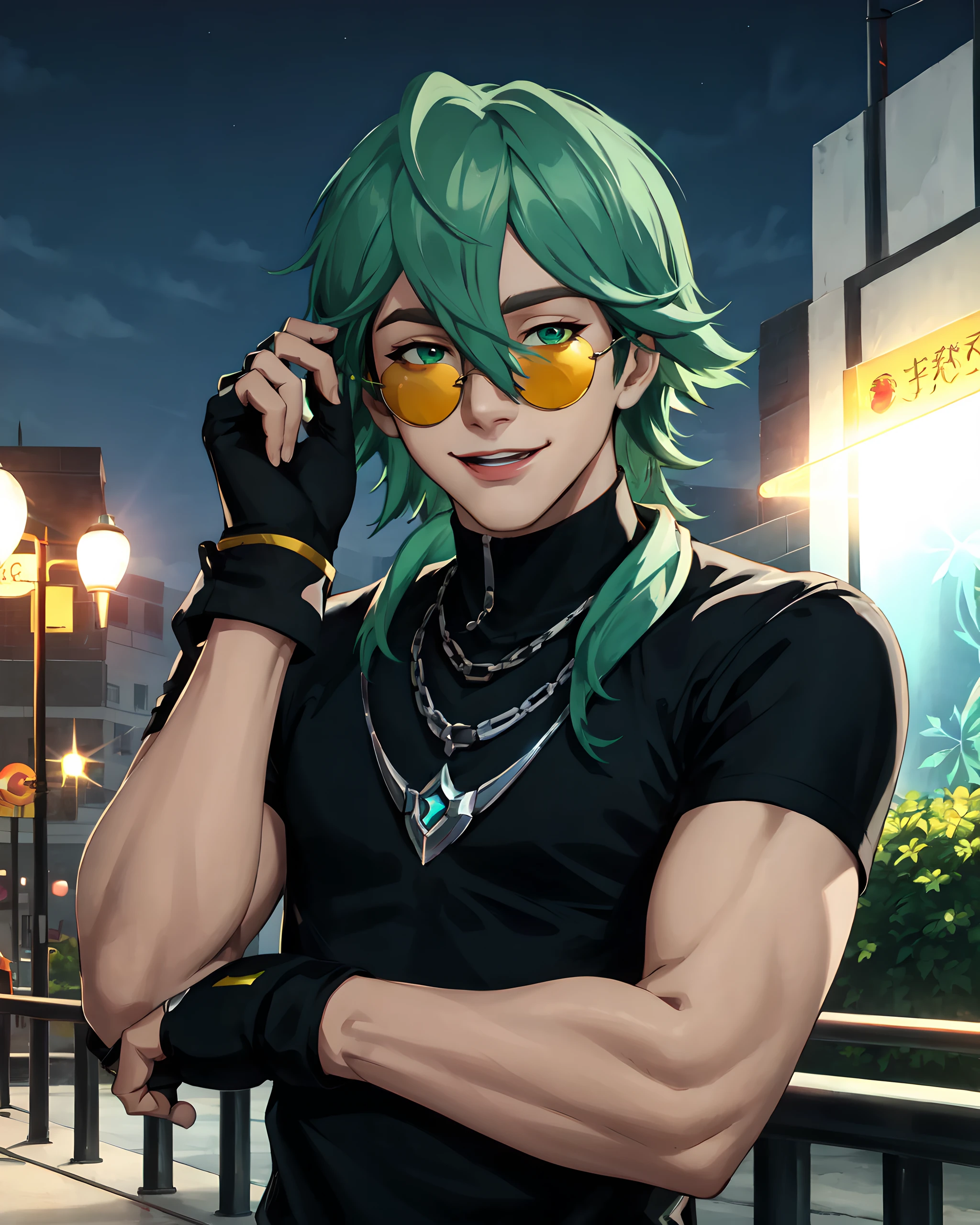 hs ezreal, solo, long hair, looking at viewer, smile, shirt, gloves, 1boy, hair between eyes, short sleeves, male focus, green hair, black gloves, fingerless gloves, necklace, black shirt, night, (best quality), (masterpiece), <lora:Heartsteel_Ezreal-10:0.7>, upper body, sunglasses, glasses, tinted eyewear,