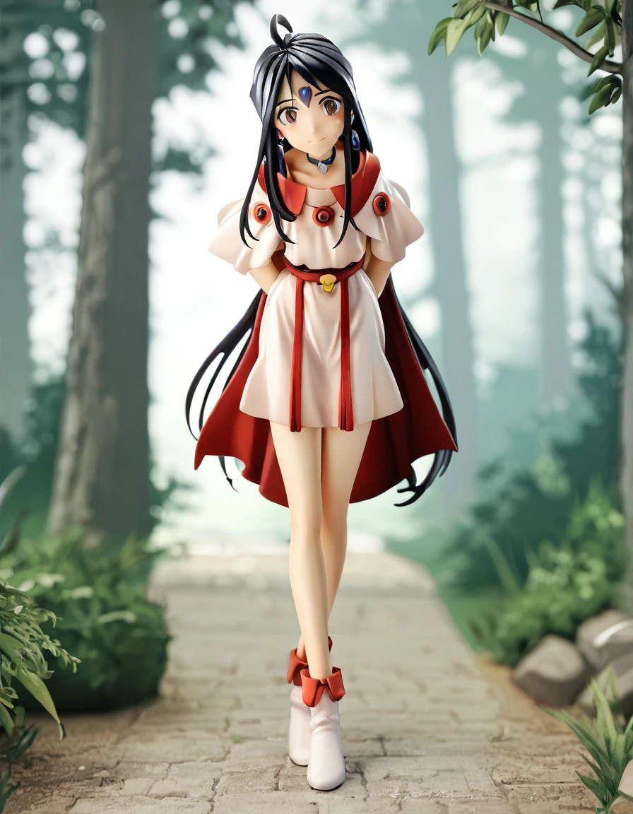 score_9, score_8_up, score_7_up, score_6_up, score_5_up, score_4_up, source_anime,  , Skuld, looking at viewer, blush, smile, skirt, forest, dress, jewelry, closed mouth, standing, collarbone, earrings, boots, choker, necklace, cape, white dress, collar, head tilt, leaning forward, arms behind back, white footwear, circlet