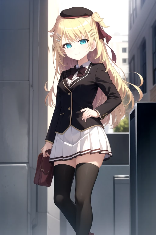 ((masterpiece)),(best quality),official art,extremely delicate and beautiful,extremely detailed CG,unity 8k wallpaper,ultra detailed,beautiful detailed eyes,extremely detailed face,outdoors,1girl,solo,cowboy shot,looking at viewer,facing viewer,smile,(petite:1.4),Lunalight Baker,beret,black headwear,long hair,blonde hair,shiny hair,floating hair,hair intakes,hair ribbon,two side up,crescent hair ornament,hairclip,sidelocks,bangs,aqua eyes,school uniform,black jacket,blazer,wing collar,black bowtie,collared shirt,white shirt,long sleeves,large breasts,miniskirt,white skirt,frilled skirt,pleated skirt,zettai ryouiki,black thighhighs,high heels,red footwear,<lora:Lunalight Baker(Hatsukoi Syndrome)>,