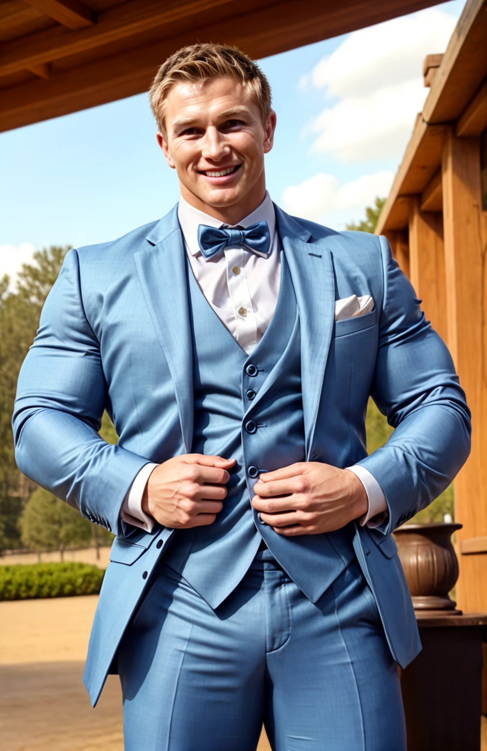 (face focus). <lora:BulkedUpAIR1.5:0.1>, (masculine:1.4), at outdoor sunny wedding, ((muscular man wearing designer formal suit)), sexy pose:1.0, confident, handsome, (((masterpiece))), (((best quality))), <lora:more_details:0.5>, (hands on waist), male, athletic, looking at viewer, smile, big pecs:1.2, <lora:AdamKinzingerUSA (1):1>, AdamKinzingerUSA,