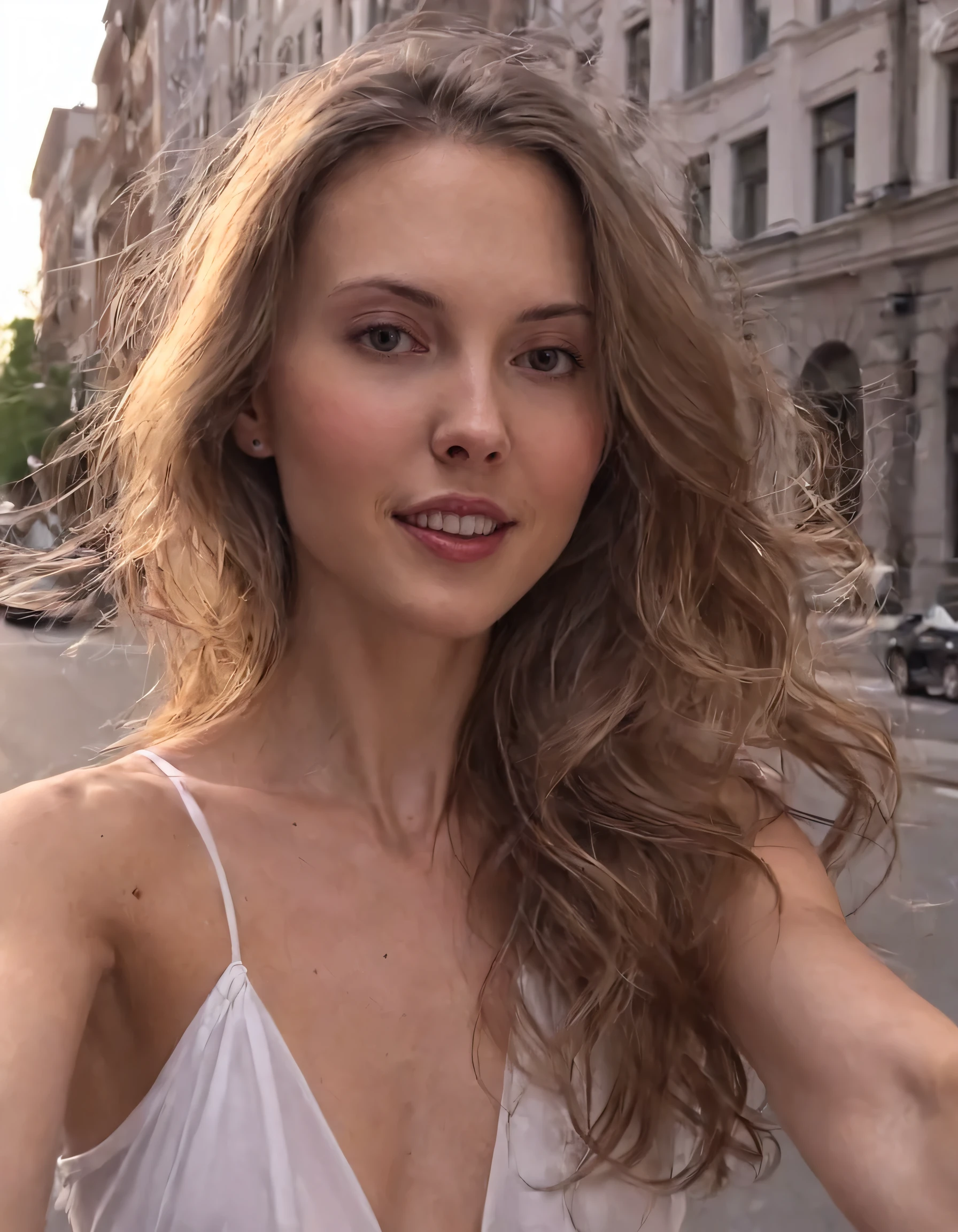 As Eva Amur embraced the pulsating city streets with a confidence that radiated, she stood alone as a vivid reminder of pure female empowerment - capturing the hearts of onlookers with her mesmerizing performance, as she took a realistic selfie that truly encapsulated the essence of a one-girl revolution in the realm of artistry, her long, wavy brown hair and deep, alluring eyes reflecting the warm sunlight with every graceful move. <lora:vzqgvv18f77a25de0uae9:1>