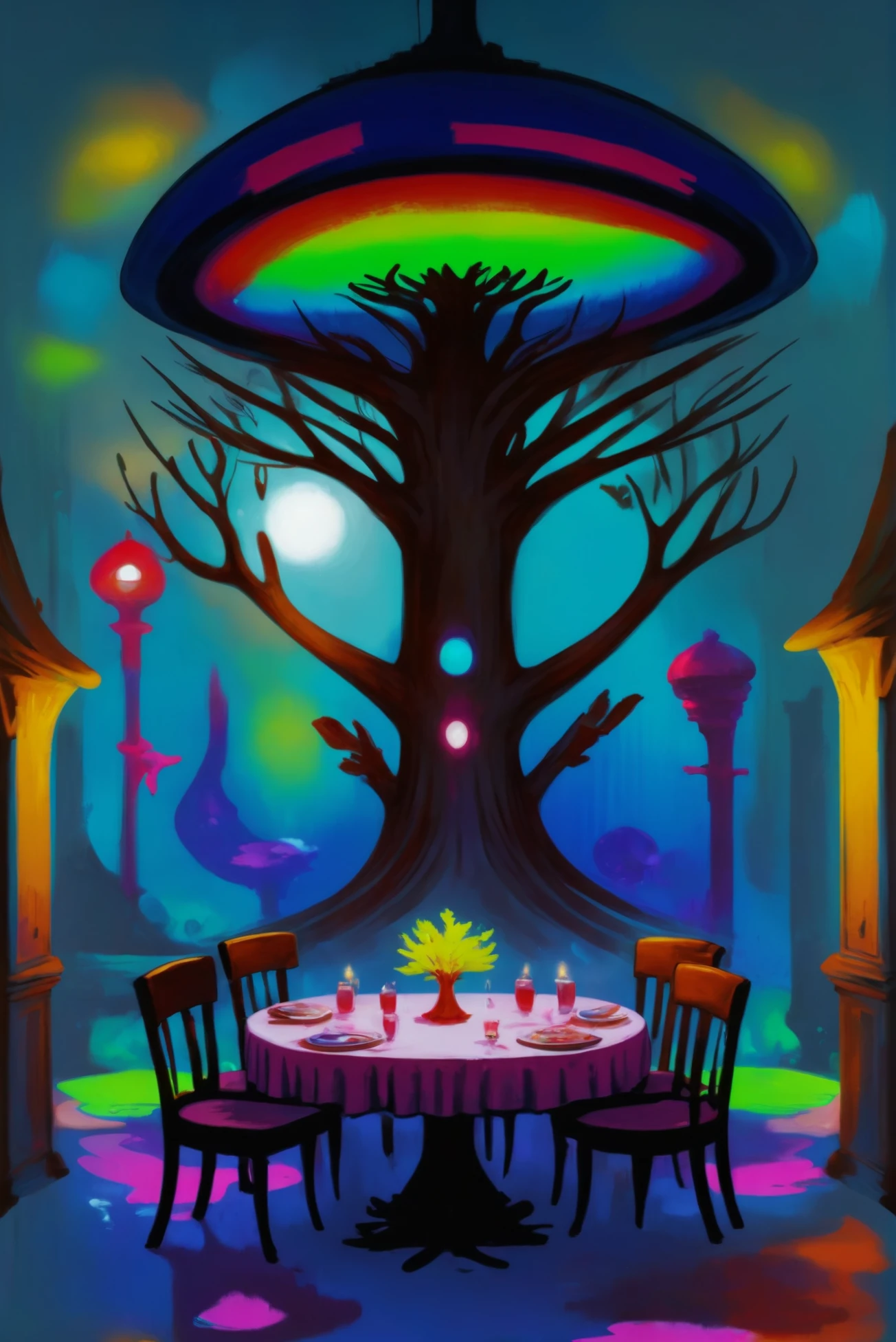 digital painting, epic fantasy, Private Dining Rooms \(room\),Great Tree of Life, a creature called many-eyed seayoink<lora:EnvyStarlightConfetti01:1>