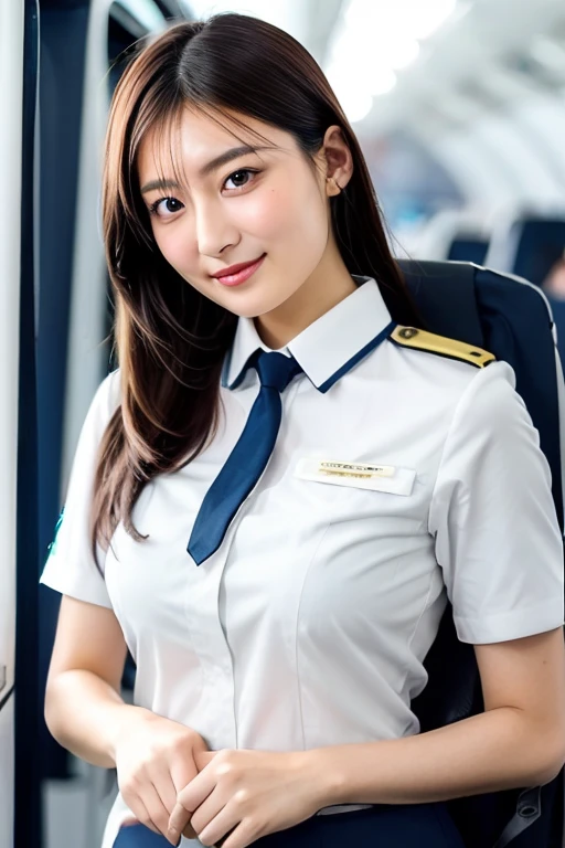 1girl, soro, shiny skin, lips, super detailed skin, detailed beautiful face and eyes, spotlight, professional lighting, brown hair, upper body, stewardess, black skirt, aviation industry, short shirt, smile, kooo123,  <lora:stewardesses_v2:0.6>, <lora:yoshiakaOO_v1:0.8>