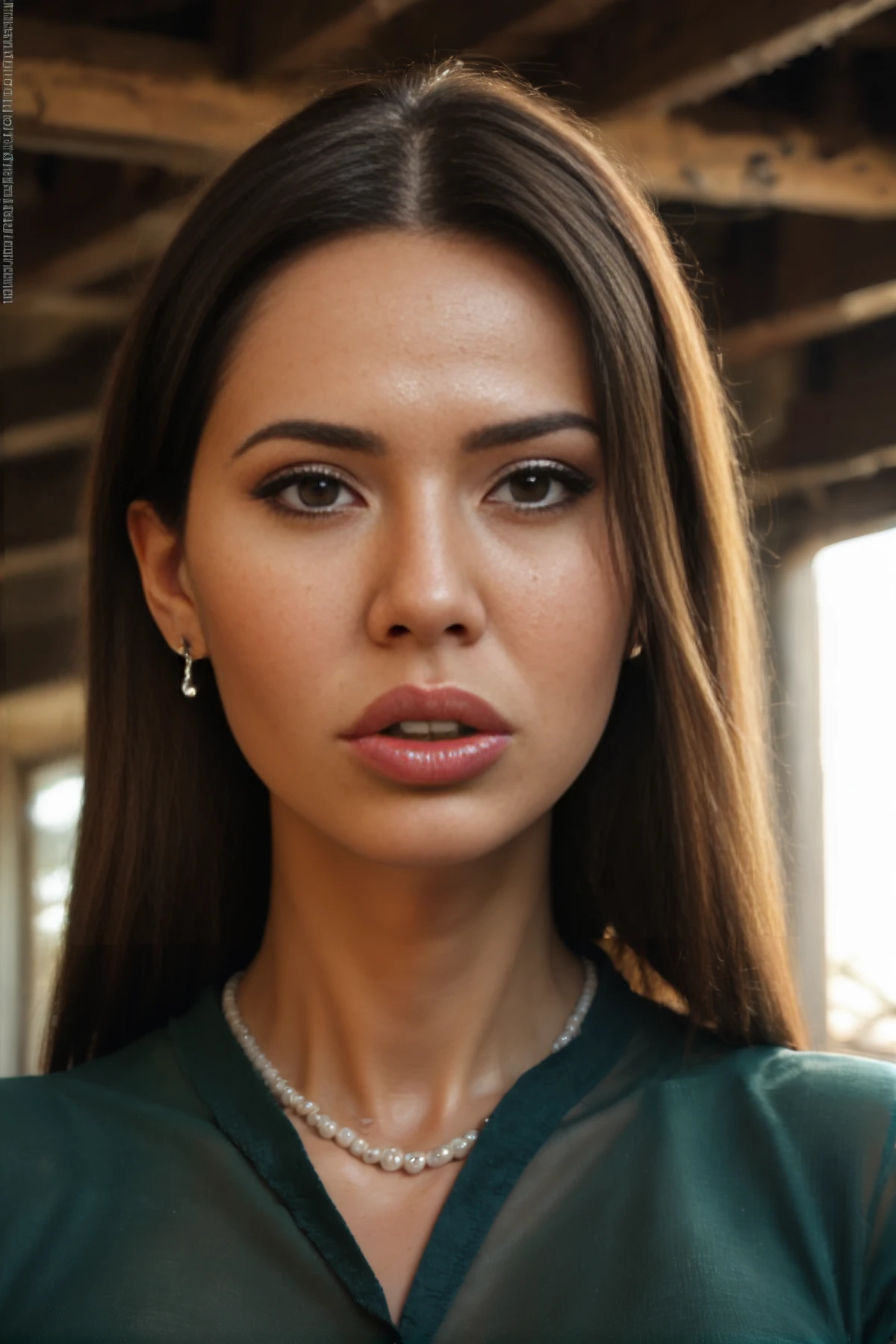 score_9, score_8_up, score_7_up, , justyna photodromm,
1girl, solo, long brown hair, looking at viewer, close-up portrait, green tshirt, large earrings, bead necklace, (large full lips:1.2), parted lips,
<lora:juphd_pony_v2:1>