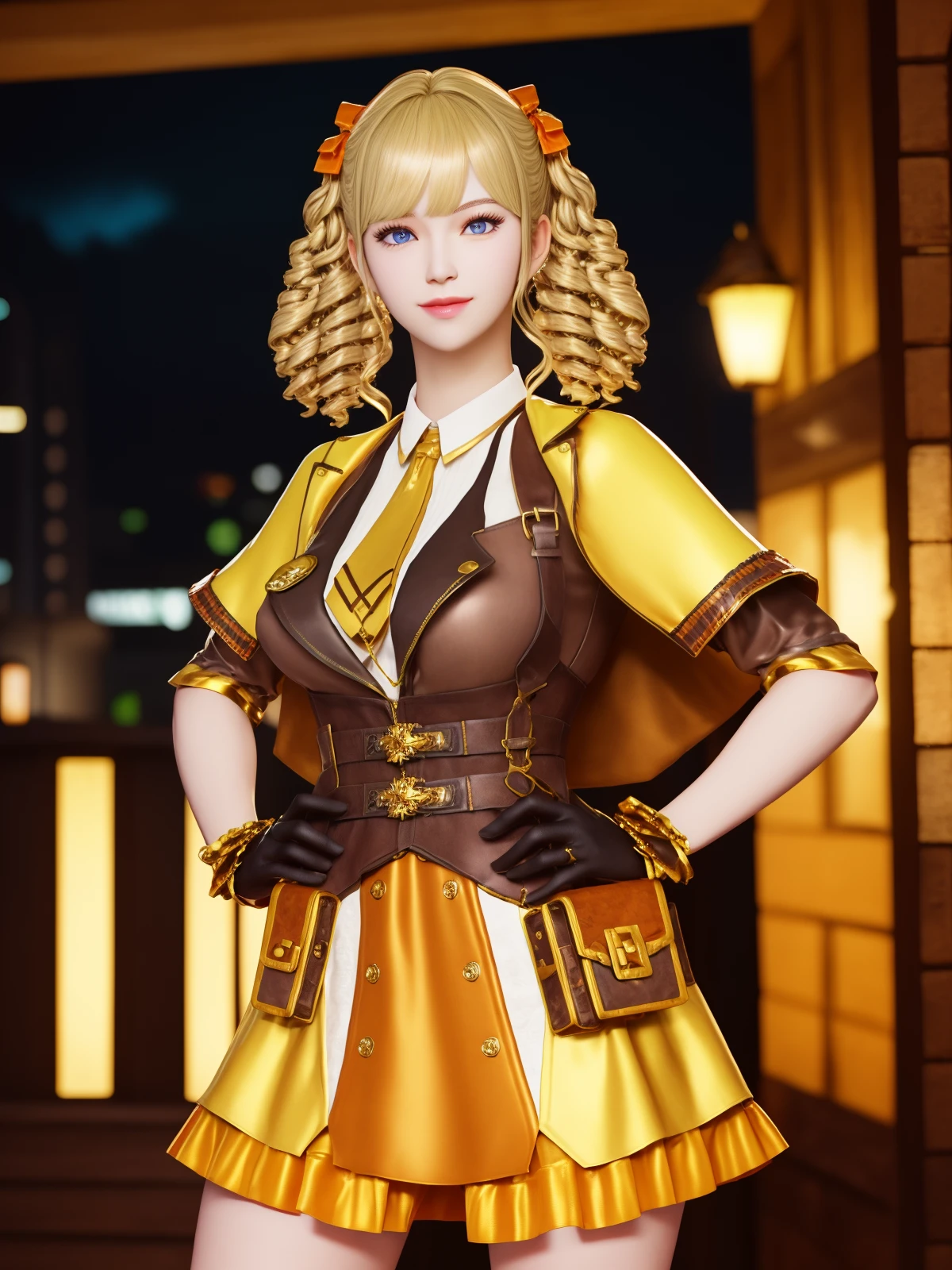 CFwangzhelanxierQF, 1girl, solo, gloves,blonde hair,looking at viewer, blue eyes, necktie, drill hair, lips, dress, hair bow, bangs, bow, short sleeves, belt, breasts, pouch, cityscape, night,  <lora:CFwangzhelanxierQF:0.75>,hand on hip, (light smile:0.7),