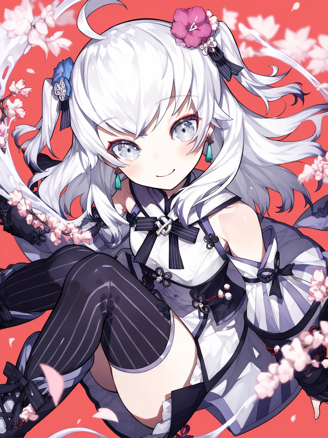 (score_9,score_8_up,score_7_up,),<lora:xuelian:0.9>,AzumaSeren,1girl,solo,virtual youtuber,striped,black thighhighs,boots,ahoge,hair flower,white hair,bangs,two side up,detached sleeves,earrings,grey eyes,jewelry,blush,upper_body,<lora:MikaPikaZoXLP6lokrV42310:0.7>,wind,cherry blossoms,from_above,happy,kind_smile,arms_up,liquid background,