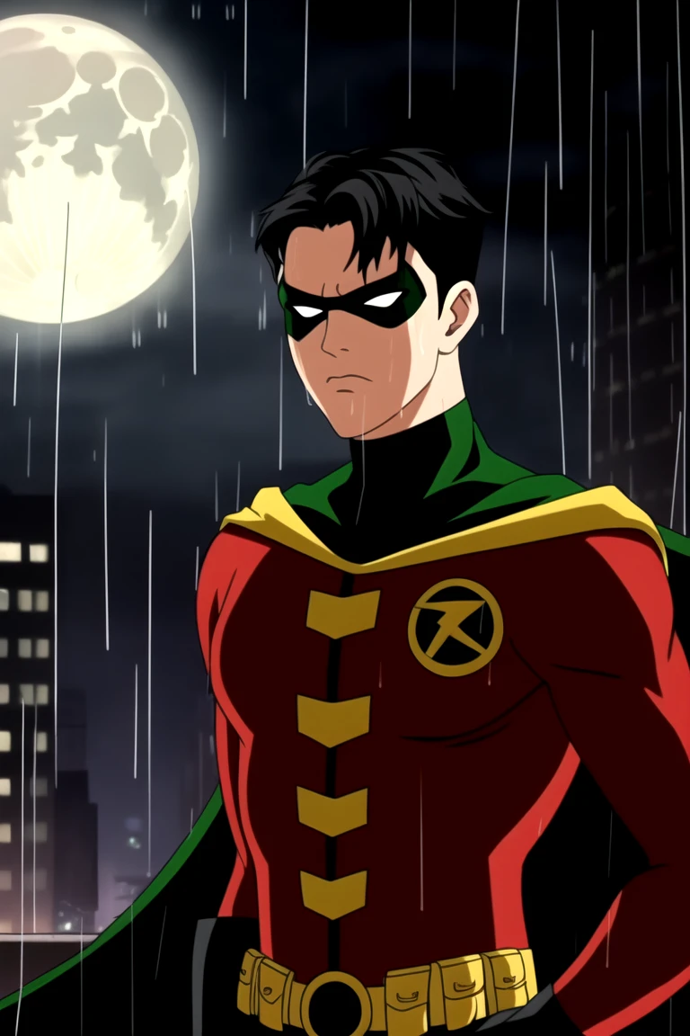 4k, uhd, 2d, anime, (masterpiece), wallpaper, jason todd, 1boy, male focus, serious, black hair, domino mask, red bodysuit, black gloves, cape, superhero, looking at viewer, upper body, hands in pocket, city, night, rain, moon,