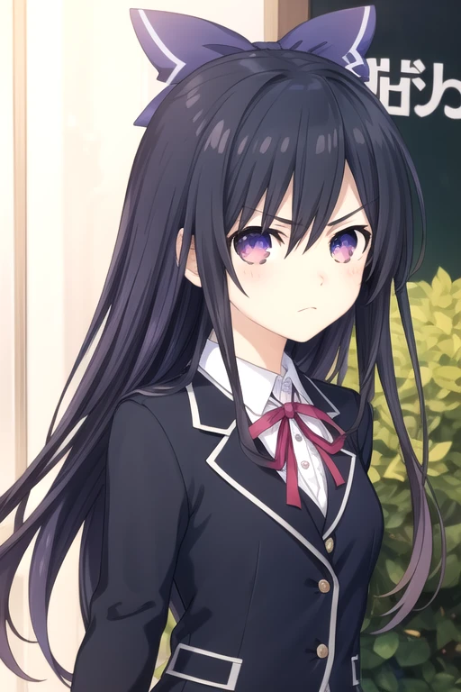 ((masterpiece)),(best quality),official art,extremely delicate and beautiful,extremely detailed CG,unity 8k wallpaper,ultra detailed,beautiful detailed eyes,extremely detailed face,outdoors,1girl,solo,upper body,(portrait:1.5),looking at viewer,facing viewer,frown,Yatogami Tenka,v-shaped eyebrows,long hair,purple hair,floating hair,hair bow,blue bow,hair ribbon,hair between eyes,sidelocks,bangs,purple eyes,school uniform,black jacket,neck ribbon,red ribbon,white shirt,collared shirt,medium breasts,long sleeves,pleated skirt,miniskirt,blue skirt,zettai ryouiki,black thighhighs,loafers,<lora:Yatogami Tenka(dal)>,<lora:TSNeptunia-000045:0.5>,