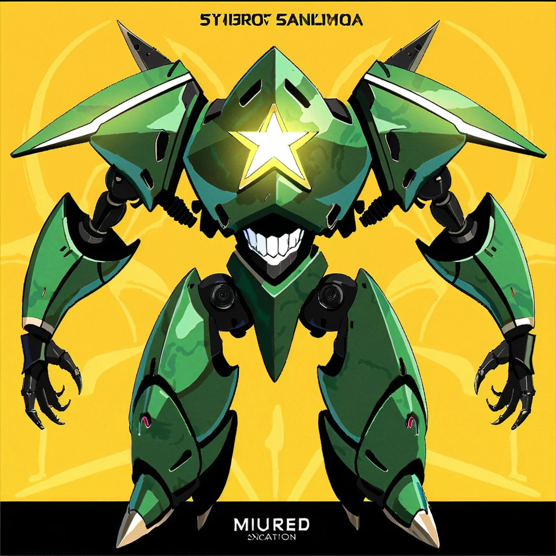 8k, best quality, masterpiece, (ultra-detailed:1.1),
<lora:jijiav2-a3-Tanger:0.8>, jijia, 2d, anime, no humans, robot, mecha, solo, glowing, standing, shadow, character name, open hands, yellow background, one-eyed, science fiction, straight-on, glowing eye, teeth, a drawing of a robot with glowing eyes, a poster of a green robot with a glowing star,