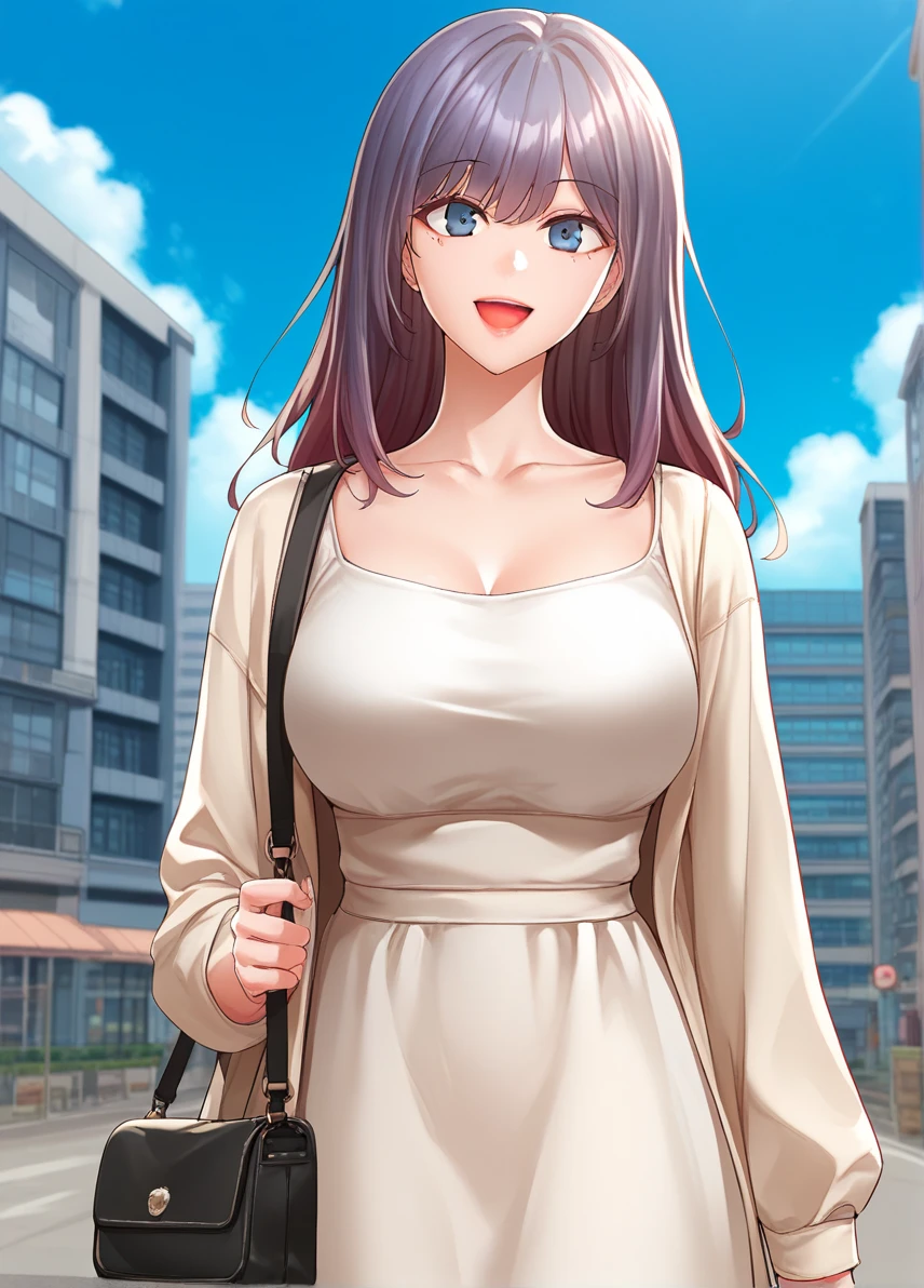 score_9,score_8_up,score_7_up, looking at viewer, smile <lora:Kang_Suyeon:1> fwkang, breasts, solo, dress, outdoors, bag, smile, building, breasts, open mouth, sky, day, collarbone, blue sky, handbag, cloud, long sleeves