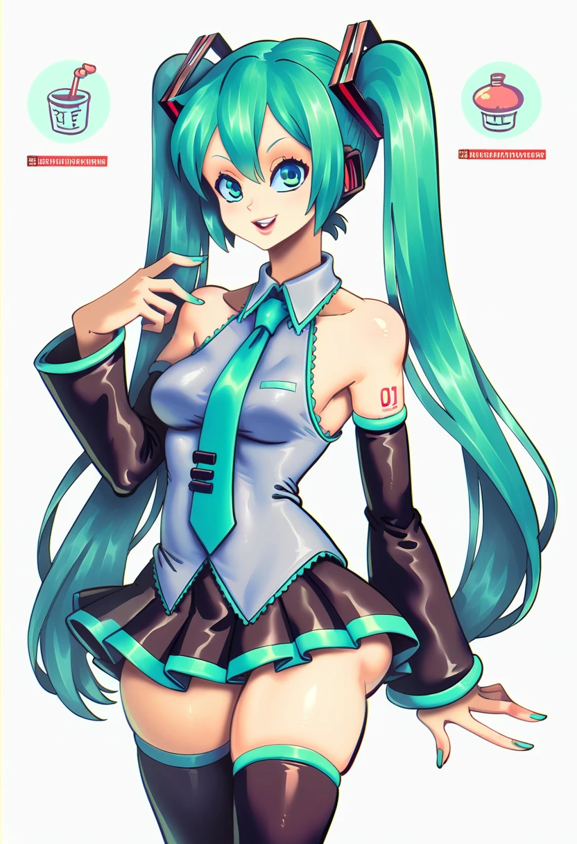 <lora:SuperSatanSon_PDXL:1> score_9, score_8_up, score_7_up, score_6_up, source_anime, extremely detailed, realistic, [[[by thzt]]], BREAK 1girl, hatsune miku, looking at viewer, long sleeves, bare shoulders, skirt, thighhighs, cowboy shot, simple background, white background