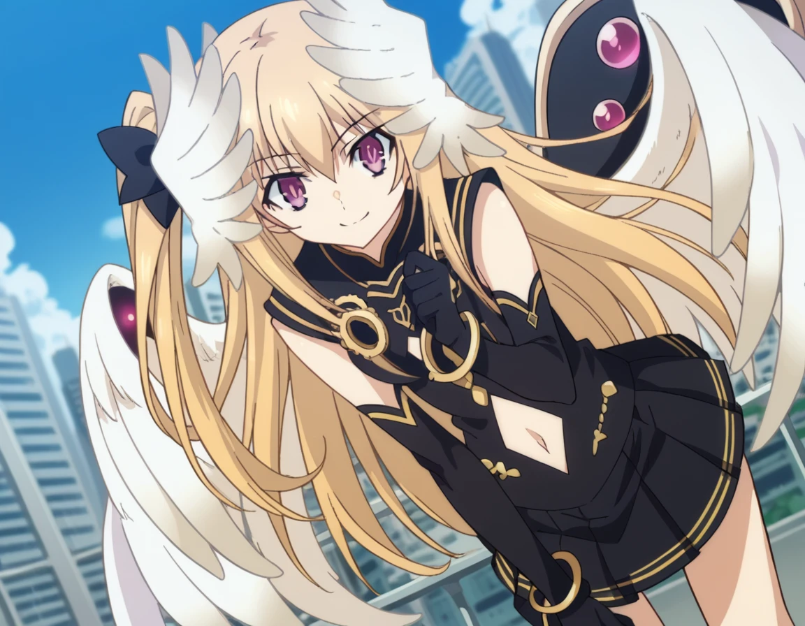 score_9, score_8_up, score_7_up, source_anime,
dalmayuri, <lora:dal-mayuri-movie-ponyxl-lora-nochekaiser:1>,
mayuri, long hair, blonde hair, hair between eyes, hair bow, one side up, bow, purple eyes,
gloves, dress, navel, wings, elbow gloves, black dress, clothing cutout, head wings, skirt, black skirt, pleated skirt,
outdoors, cityscape, bent over, smile,
solo, dutch angle, looking at viewer, cowboy shot,