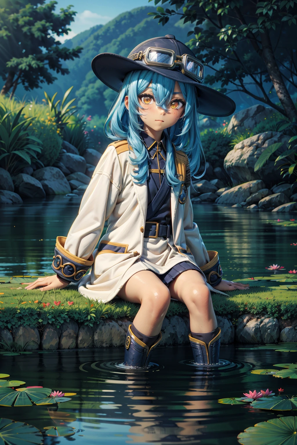 (2d:1.2), wide shot, (dynamic angle:1.1), outline, ((thick lineart)), cover, stylish, official art, (details:1.2), glow:0.2, shadow, nature, garden, (depth of field), sharp focus, (volumetric lighting), (bokeh:0.6), film grain:0.4, day, (soft lighting:1.1), eeugg, full body, blue hair, long hair, goggles, goggles on headwear, hair between eyes, candy, yellow eyes, bangs, jacket, labcoat, white jacket, looking at viewer, Sitting on a stone, near a river, a lot of water lilies, sunny day, fantasy style <lora:Tatoeba_Last_ Dungeon_Eug_00_01:0.7>