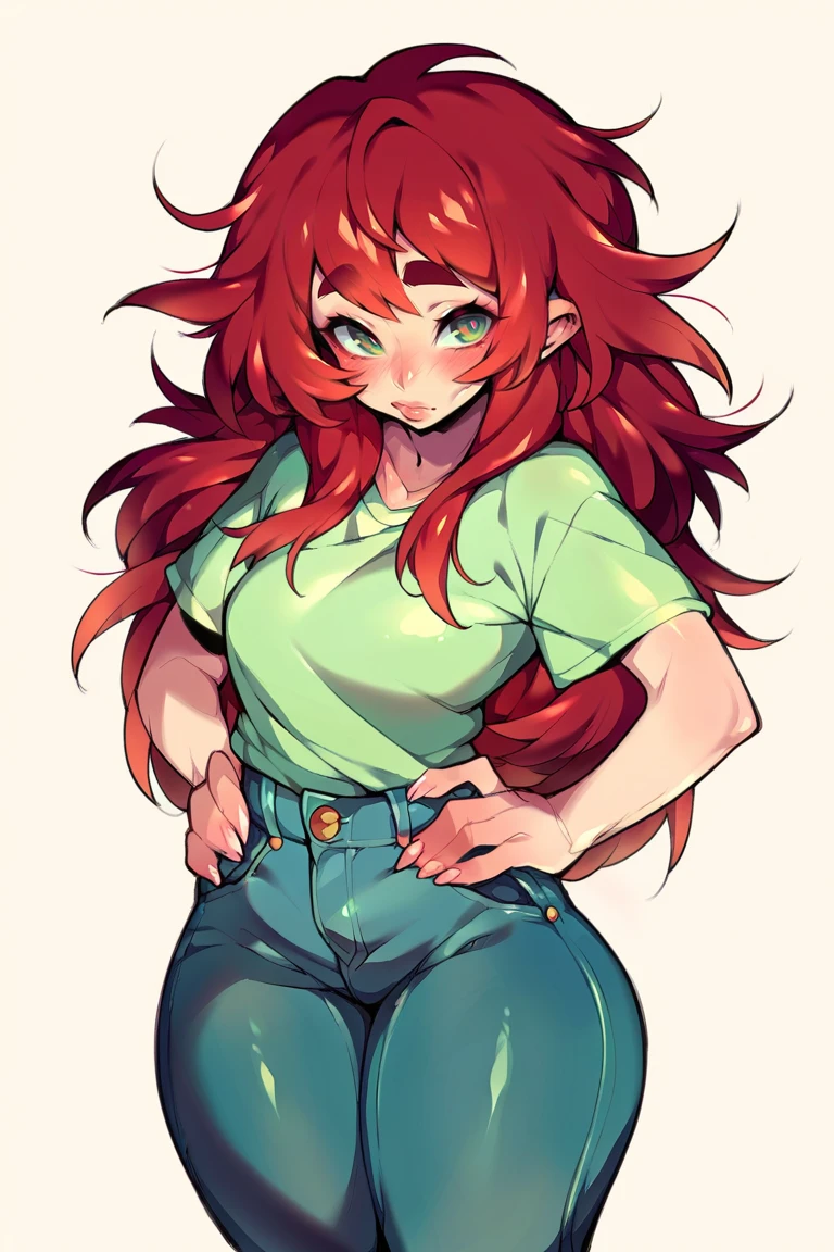 <lora:Venus Flower:1>, score_9, score_8_up, score_7_up, score_6_up, score_5_up, rating_questionable, source cartoon
1girl, pretty face, pretty eyes, detailed eyes, HD eyes, thick thighs
hands on hips, standing, cowboy shot
looking at viewer, blush, eyebrows, long hair, red hair, green eyes jeans, green t-shirt, boots, high waisted jeans
simple background, white background