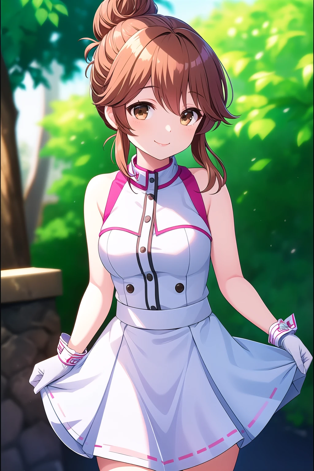 (masterpiece, best quality), highly detailed background, perfect lightingbest quality, kawakamiseri, solo, outdoors, light brown hair, hair bun, hair up, hair between eyes, short hair, sidelocks, brown eyes, medium breasts, white dress, sleeveless dress, wrist cuffs, bare shoulders, white gloves, blue skirt, white skirt, miniskirt, plaid skirt, frilled skirt, band uniform, smile, closed mouth, :), pink lips, <lora:Kawakami-Seri-2-10:0.7>