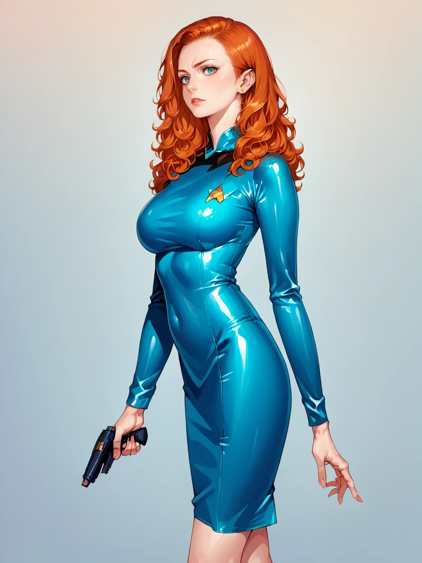 score_9, score_8_up, score_7_up, score_6_up, 1girl, ginger hair, large breasts, <lora:st4rtr3kXLP:0.9> latex, st4rtr3k, dress,blue, star trek, gun, <lora:Black_Magic_Steering:1> source_anime
