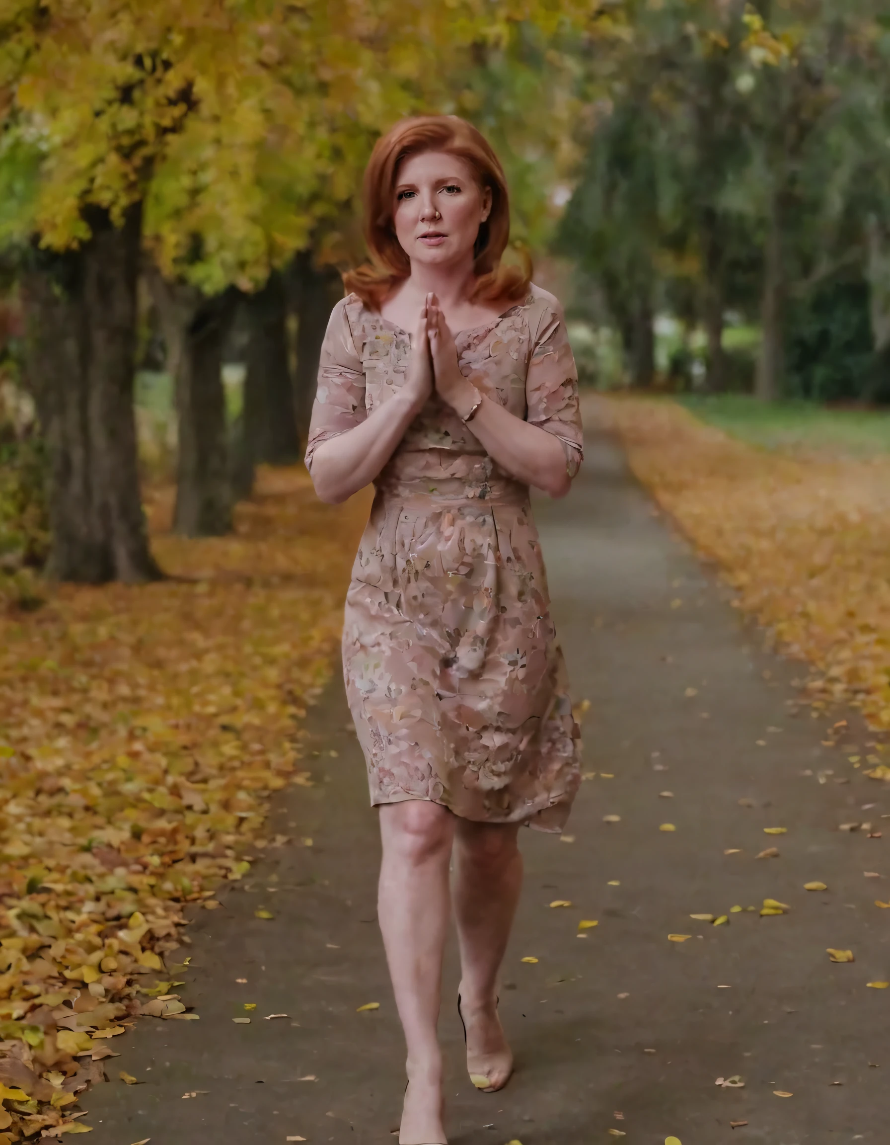 As Housewife Ginger effortlessly walks along an idyllic autumn pathway, she gracefully poses with her hands clasped together, emanating a sense of undeniably serene and exquisite beauty in her warm-hued dress that flutters elegantly with every step, radiating a profoundly peaceful tranquility as time seemingly stands still. <lora:iyoiji18f844ab08btbc4:1>