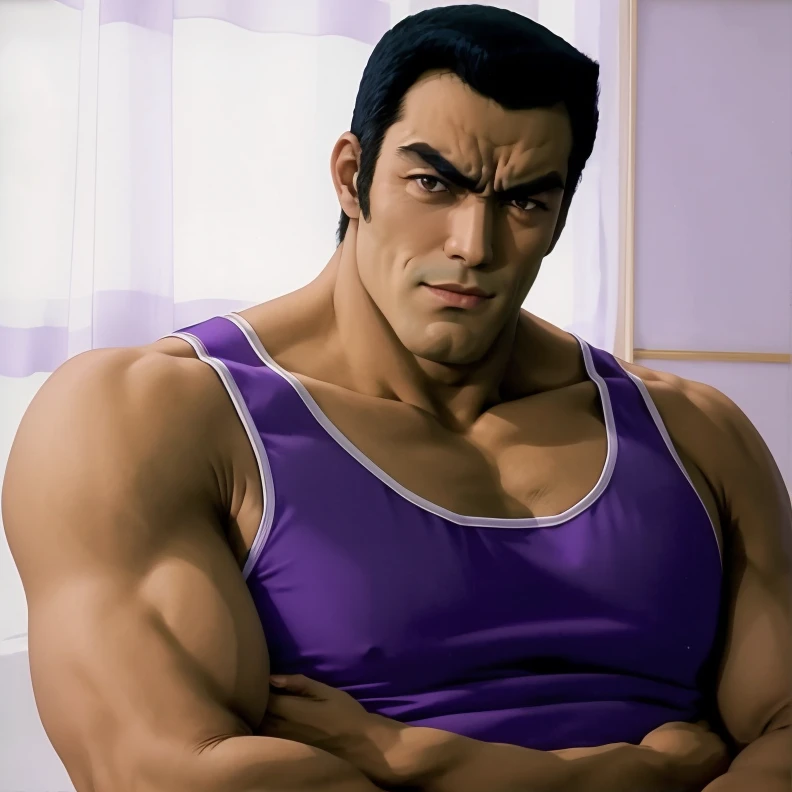 (RAW photo), portrait, <lora:OotaSensei:0.75>, japanese, ootasensei, muscular, 1boy, solo, absurdres, looking at viewer, purple tank top