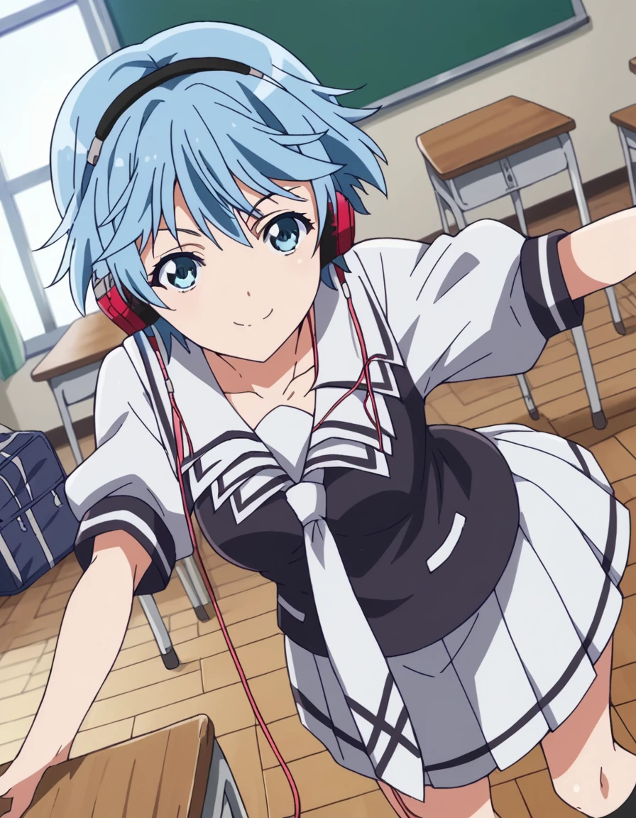 score_9, score_8_up, score_7_up, source_anime,
fuukaakitsuki, <lora:fuuka-akitsuki-s1-ponyxl-lora-nochekaiser:1>,
fuuka akitsuki, short hair, blue eyes, blue hair,
skirt, school uniform, necktie, serafuku, socks, kneehighs, skirt, white skirt, pleated skirt, black shirt, headphones,
indoors, classroom, bent over, smile,
solo, dutch angle, looking at viewer, cowboy shot,