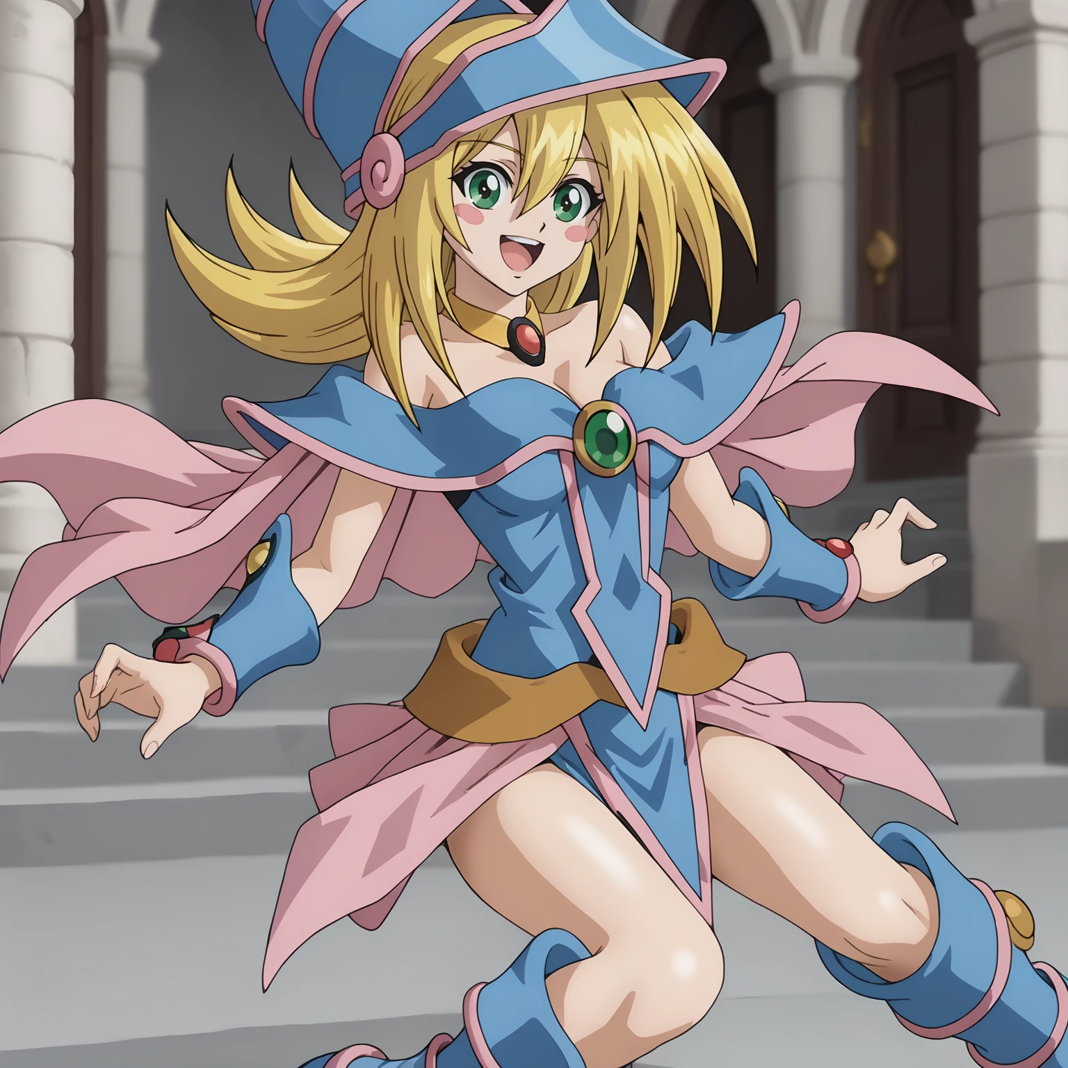 <lora:DarkMagicianGirlXLpony001>,
smile,open mouth,
solo,
DarkMagicianGirl,1girl,blonde hair,blush stickers,green eyes,
wizard hat,
choker,
bare shoulders,cleavage,capelet,dress,see-through,
pink skirt,
blue footwear,boots,