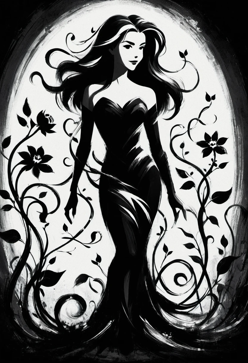 
ShodoShuji-Swipe, (brush strokes:1.1), silhouette of Young Alyson Hannigan with long hair flowing in swirls, black and white,flower, dress, from side, vines, simple background, long hair, full body, black and white background, silhouette