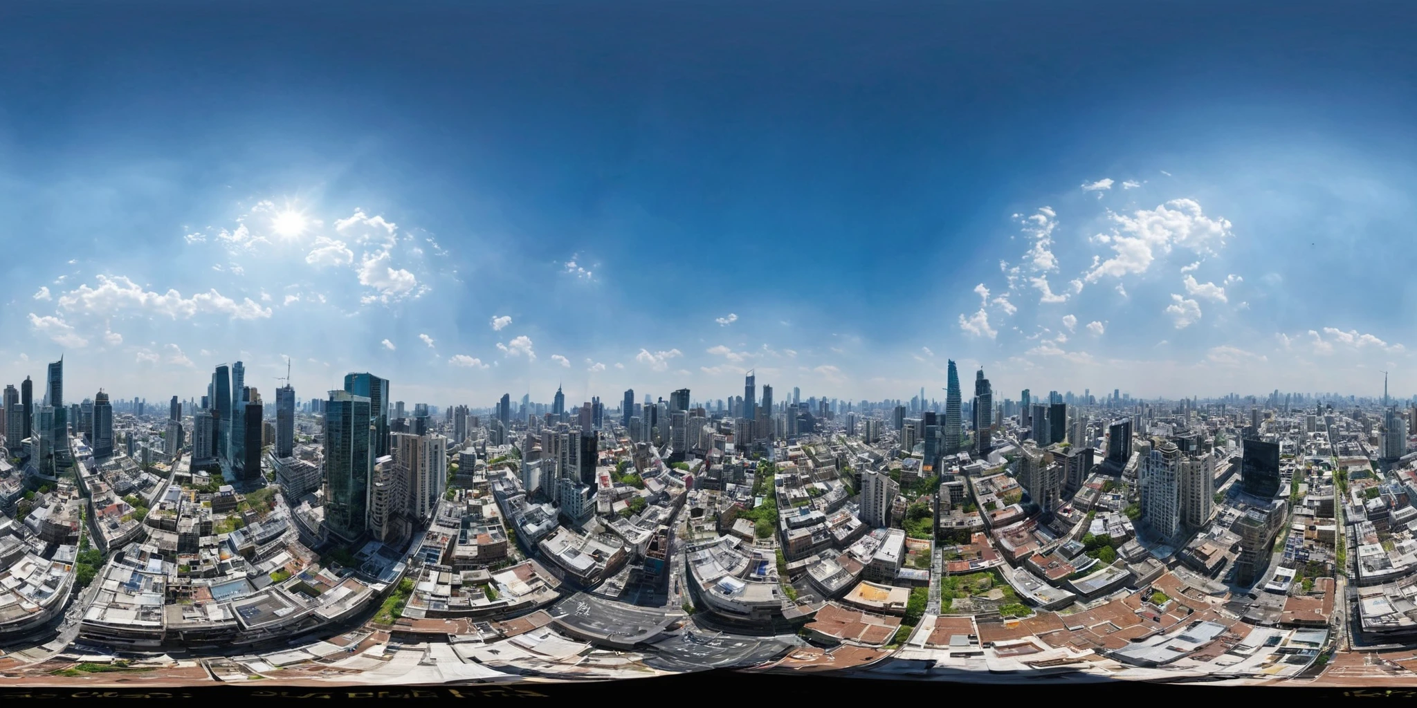 <lora:HMSGèªæå
¨æ¯XL:1>,360panorama,Centered Horizon,No seams,<lora:å
å½±XL:1>,The city skyline during the day is a vibrant tapestry of architectural marvels reaching for the sky. Skyscrapers clad in glistening glass reflect the sun's rays, casting a spectacle of light and shadow on the urban canvas below. The hustle and bustle of the city are visible from this panoramic view, with cars moving like ants in the streets, and people scattered among the open plazas and green spaces. It's a snapshot of daily urban life, set against the backdrop of a clear blue sky and the promise of modernity's triumphs
