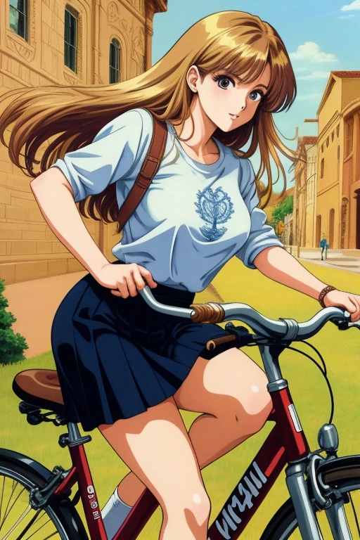 Anime Edition, 80's anime, upper body, female, shirt, skirt, Riding a bicycle, ((masterpiece, high quality, highly detailed, intricate detail))