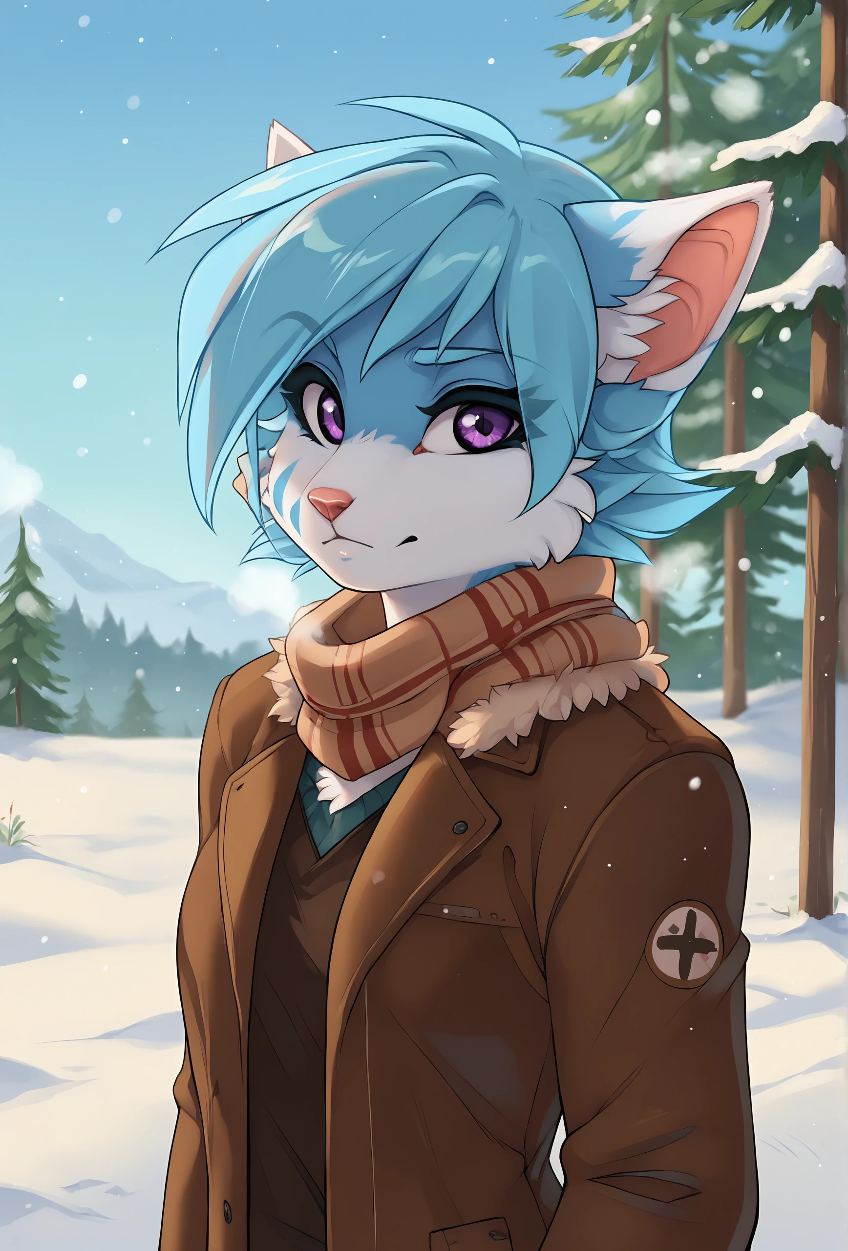 score_9, score_8_up, score_7_up, score_6_up, score_5_up, score_4_up,outdoors, snow, blue sky, light particles, (depth of field:1.2), BREAK
<lora:vikna_fluffkevlar_ponyXL_v1.3_0.99:1> vikna, 1girl, purple eyes, furry, blue fur, blue hair BREAK
brown jacket, fur trim, scarf, portrait, close-up