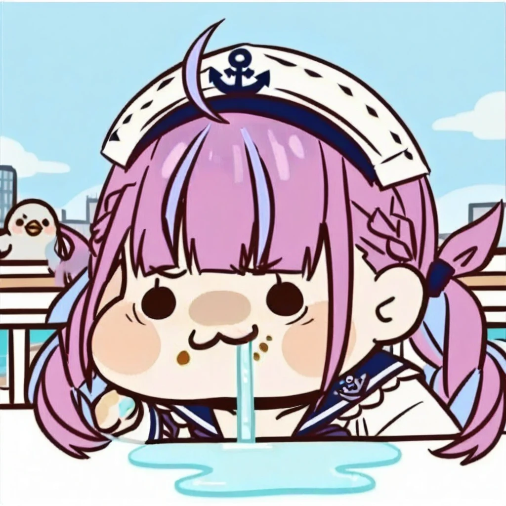 chibi,drooling,food on face,:3,(masterpiece),(best quality),1girl, solo, virtual youtuber, multicolored hair, minato aqua, long hair, skirt, braid, looking at viewer, twin braids, bird, bangs, blue hair, outdoors, pantyhose, long sleeves, purple eyes, hat, pink hair, blue skirt, twintails, ahoge, two-tone hair, blush, bow, sailor collar, shirt, hairband, white jacket, pleated skirt, jacket, railing, white pantyhose, breasts, ribbon, white shirt, blue sky, day, streaked hair, open mouth, frills, blue sailor collar, sky, seagull, high-waist skirt, choker, blue bow, red flower, open clothes, standing, colored inner hair, hand up, bowtie, open jacket, collarbone, anchor symbol, cityscape, smile, blue nails
