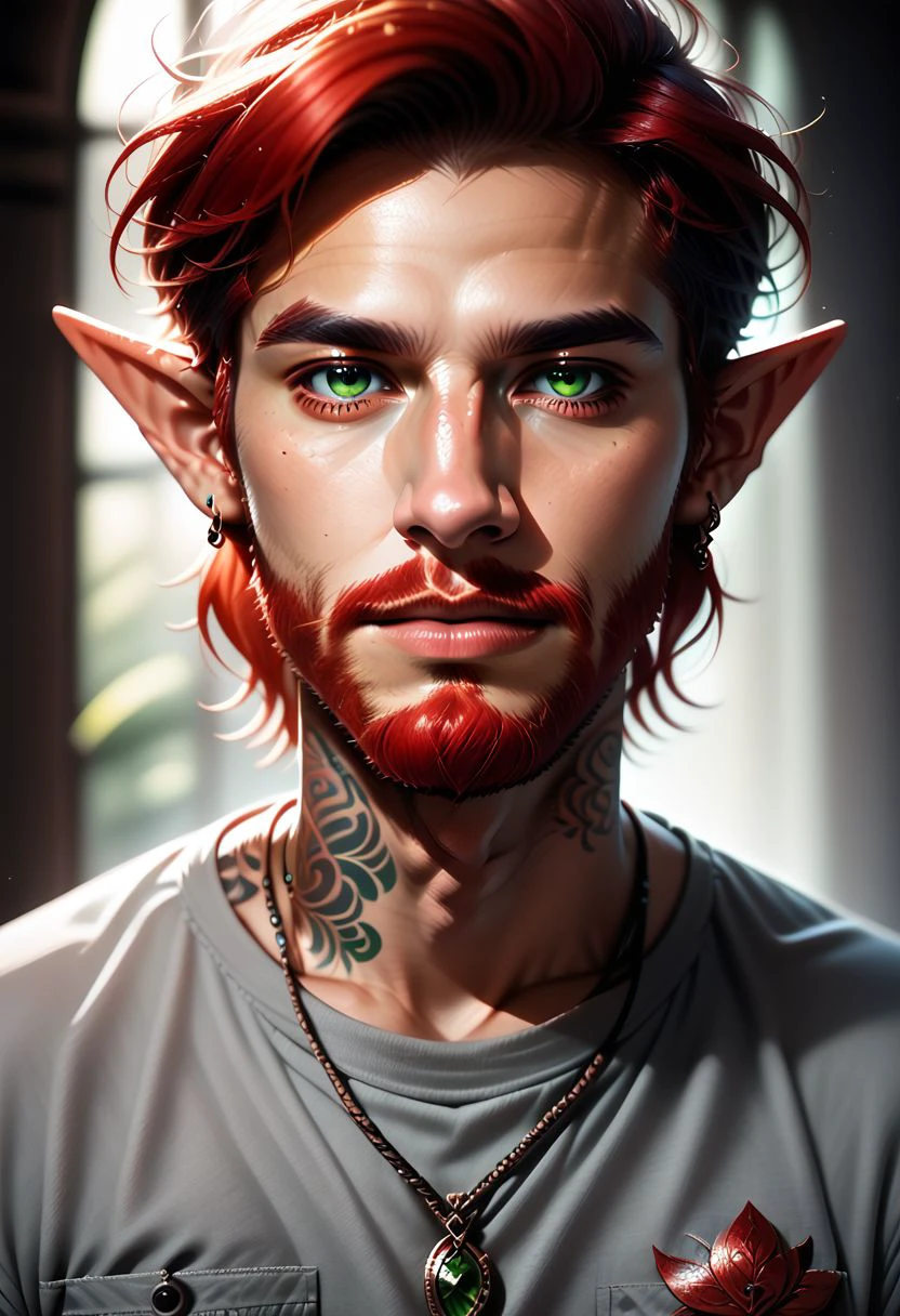 aszkstzz, jewelry, 1boy, facial hair, pointy ears, solo, male focus, necklace, beard, earrings, green eyes, red hair, realistic, looking at viewer, tattoo, grey shirt, upper body,  shirt, pendant, realistic, soft lighting, natural lighting,  zPDXL