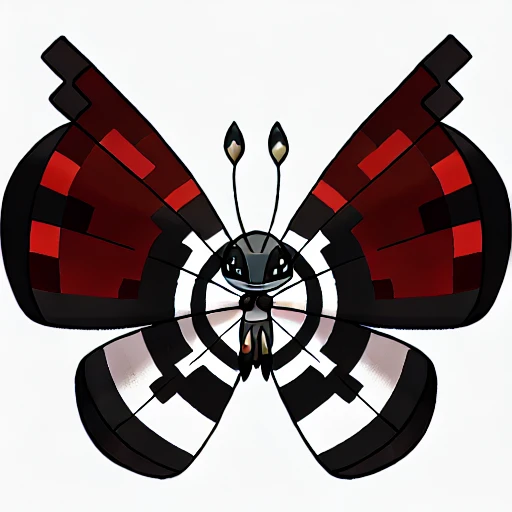 A cartoon butterfly with a red and black body and white wings.