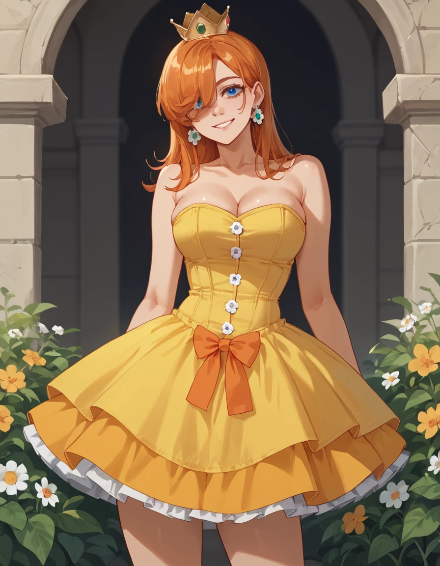 score_9, score_8_up, score_7_up, score_6_up, score_5_up, score_4_up, source_anime,  1girl, solo, hair over one eye, orange hair, hud_crst_prncss_drss, yellow short dress, corset, flower buttons, bare shoulders, orange frills, crown, daisy earrings, <lora:princess_daisy-000008:0.7>, light smile, blue eyes, saggy large breasts, castle, garden meadow