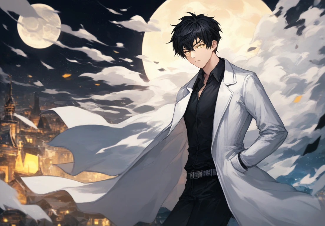 (score_9, score_8_up:1.1), score_7_up, masterpiece, <lora:Ayin_Project_Moon:1>, AyinPM, solo, looking at viewer, short hair, shirt, black hair, 1boy, male focus, collared shirt, belt, pants, coat, black shirt, black pants, moon, building, hand in pocket, hands in pockets, labcoat, white coat, yellow eyes