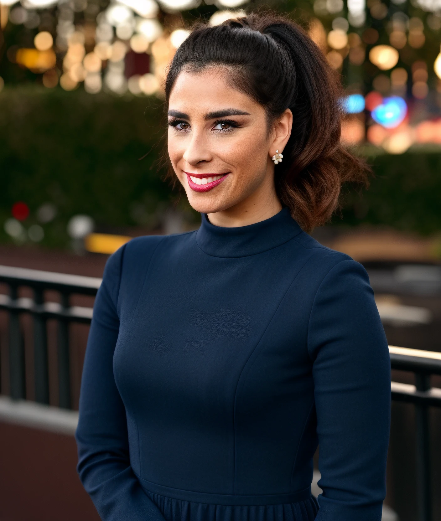 photo of sarahkatesilverman, 1girl, looking at viewer,  eye details, 8k,high contrast, oversaturated colors, long-sleeve dress, smile, eyeliner, makeup, 8k, ultra-hd, glowing hair, sunlight through hair, lipstick, earrings, ((bokeh background)), cinemascope, moody, epic, gorgeous, film grain, grainy
 : -
  : Steps: 28, Sampler: Euler A AYS, Guidance Scale: 6.9, Seed:, Size: 704x832, Model: photosomnia_omega_f16.ckpt, Strength: 1.0, Seed Mode: Torch CPU Compatible, Upscaler: esrgan_4x_universal_upscaler_v2_sharp_f16.ckpt, Hires Fix: true, First Stage Size: 0x0, Second Stage Strength: 0.22, LoRA 1 Model: style___more_details_lora_f16.ckpt, LoRA 1 Weight: 0.55, LoRA 2 Model: sarah_silverman_lora_f16.ckpt, LoRA 2 Weight: 0.92