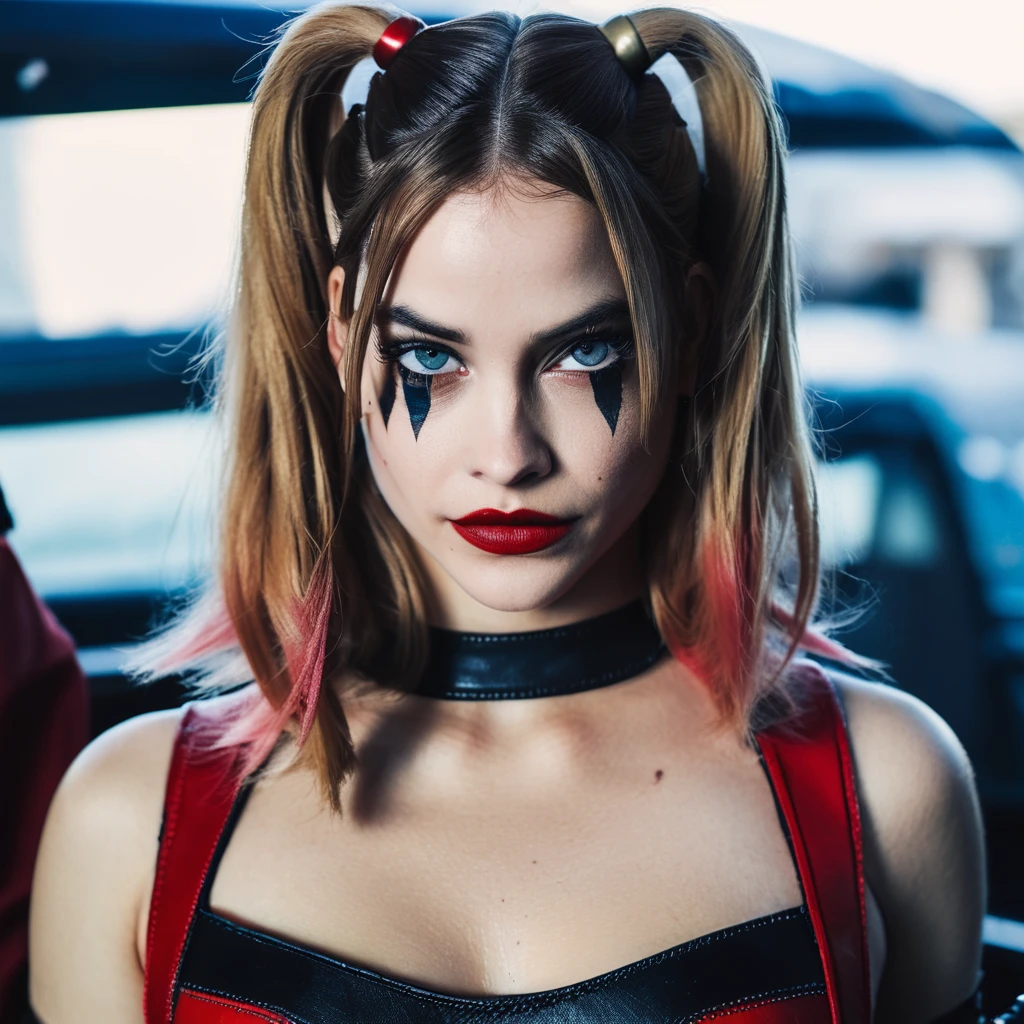 High res closeup portrait photo of an actress dressed as Harley Quinn, f /2.8, Canon, 85mm,cinematic, high quality, skin texture, looking at the camera, brxpalvin, <lora:barpalvin_juggerX_xl_1_wocap_merger_84_91_06_04-brxpalvin:1>