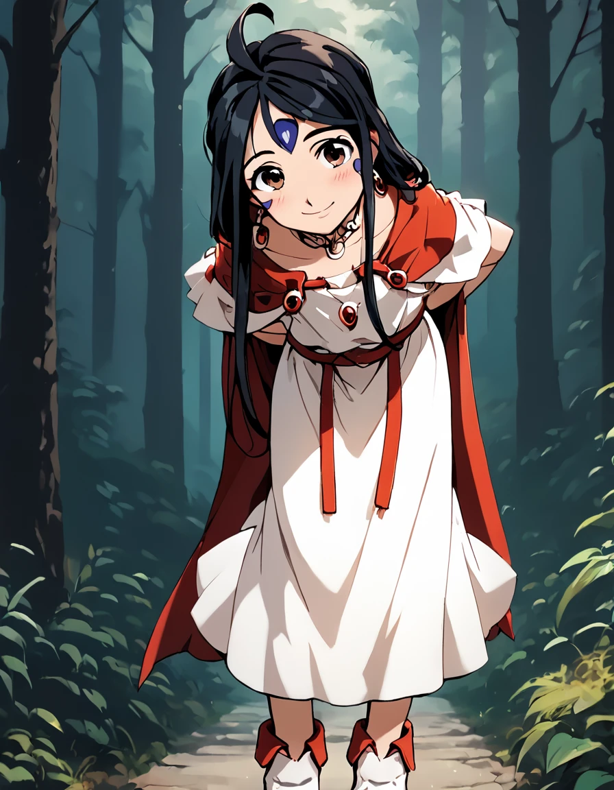 score_9, score_8_up, score_7_up, score_6_up, score_5_up, score_4_up, source_anime,  , Skuld, looking at viewer, blush, smile, skirt, forest, dress, jewelry, closed mouth, standing, collarbone, earrings, boots, choker, necklace, cape, white dress, collar, head tilt, leaning forward, arms behind back, white footwear, circlet