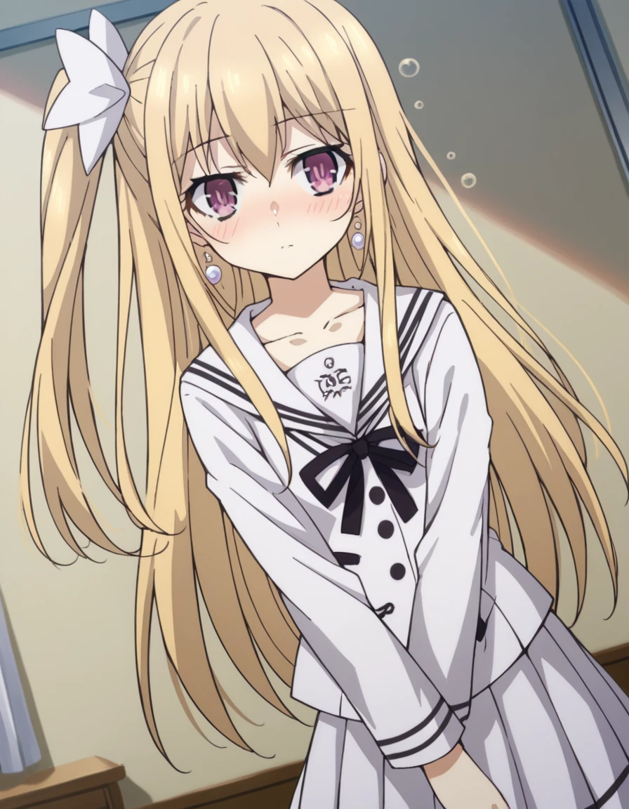 score_9, score_8_up, score_7_up, source_anime,
dalmayuri, <lora:dal-mayuri-movie-ponyxl-lora-nochekaiser:1>,
mayuri, long hair, blonde hair, hair between eyes, hair bow, one side up, bow, purple eyes,
shirt, ribbon, jewelry, school uniform, collarbone, earrings, serafuku, black ribbon, neck ribbon, skirt, white skirt, pleated skirt,
indoors, bed, bed room, on side, blush, drunk,
solo, dutch angle, looking at viewer, cowboy shot,