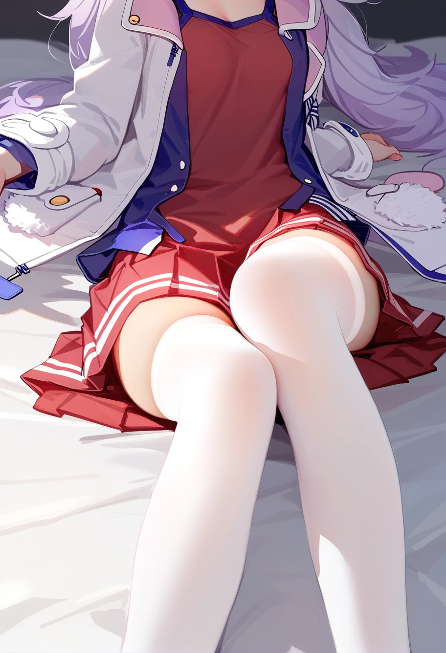 staekinglight,1girl,thighhighs,solo,skirt,white thighhighs,close-up,red skirt,pleated skirt,lower body,zettai ryouiki,jacket,laffey \(azur lane\),lying,miniskirt,thighs,sitting,on back,open clothes,legs,bed sheet,open jacket,shirt,newest,medium quality,general,masterpiece,<lora:nai3animation_v2.6.1-000100:1>,