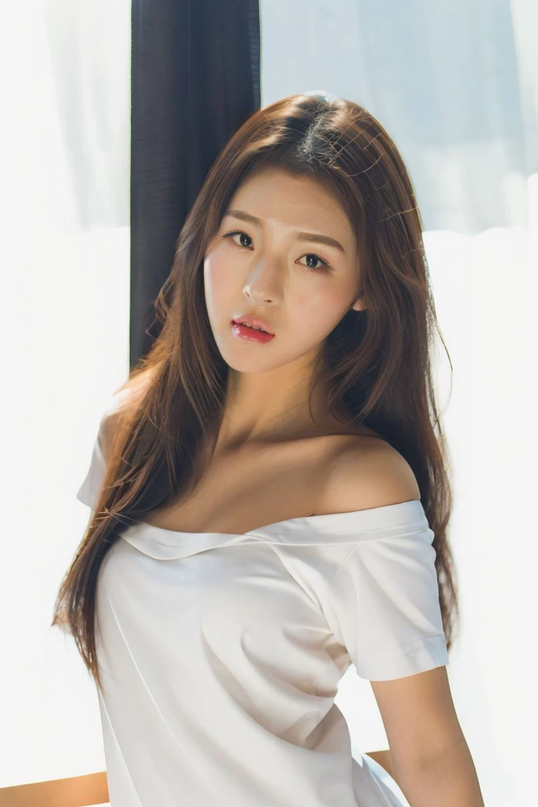 1girl, medium breasts, looking at viewer, realistic, photorealistic, lips, brown eyes, long hair, brown hair, parted lips, hyper detailed, super sharp, crisp, smooth, smooth gradients, depth of field, (in studio: 1.1), (white background: 1.1), student uniform, <lora:una:1>, <lora:breastsizeslideroffset:-0.3>, <lora:skin_slider_v2_1_FACE:0.5>, <lora:add_detail_v5:1>