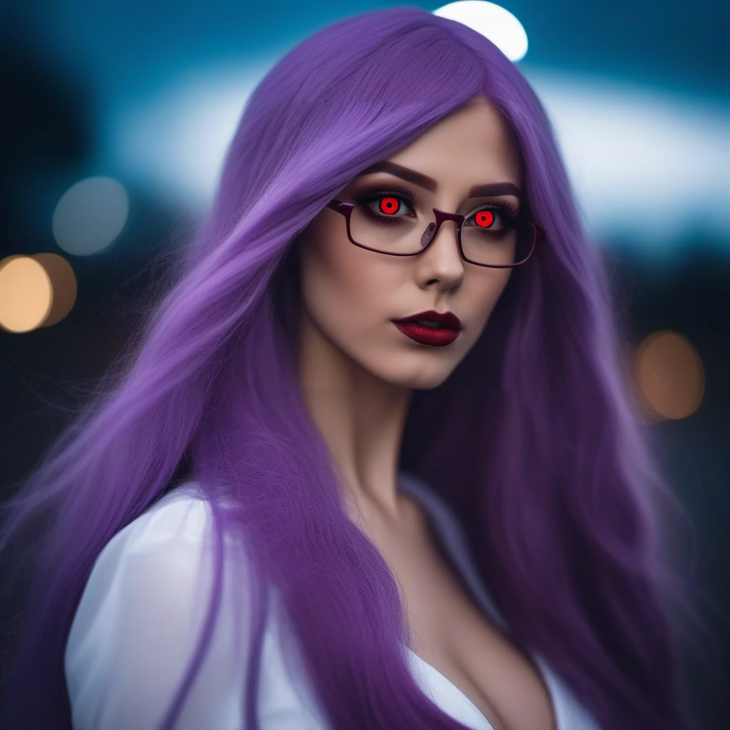 cinematic photo close up face portrait woman with long purple hair and red eyes, glasses  , large breast, whire dress <lora:RizeKamishiro1024:0.8> . 35mm photograph, film, bokeh, professional, 4k, highly detailed